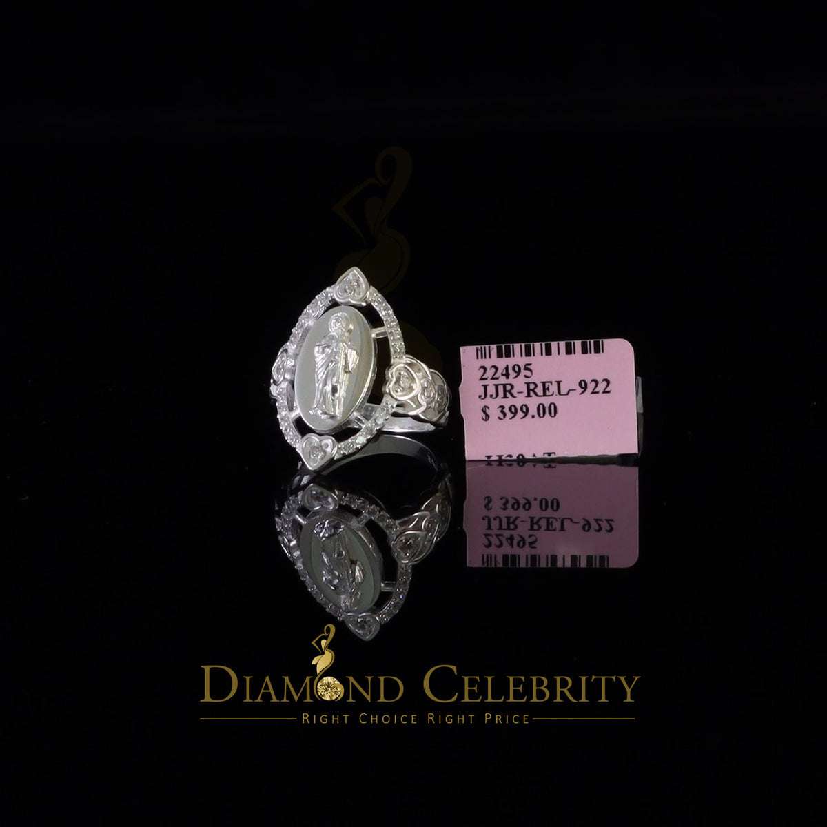 DiamondCelebritees White 925 Silver Saint Jude Thaddeus CZ Women's Medallion Religious Ring SZ 6