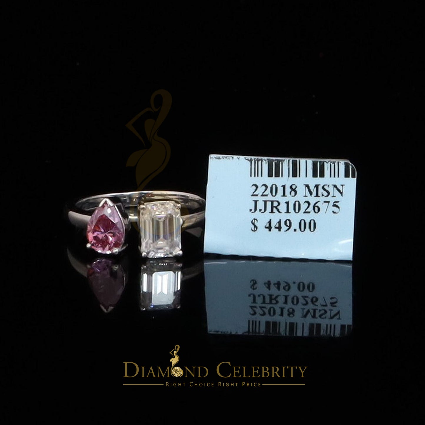 DiamondCelebritees 2.00CT Women's 925 Silver VVS D Pink & White Moissanite Pear Emerald Ring SZ 7