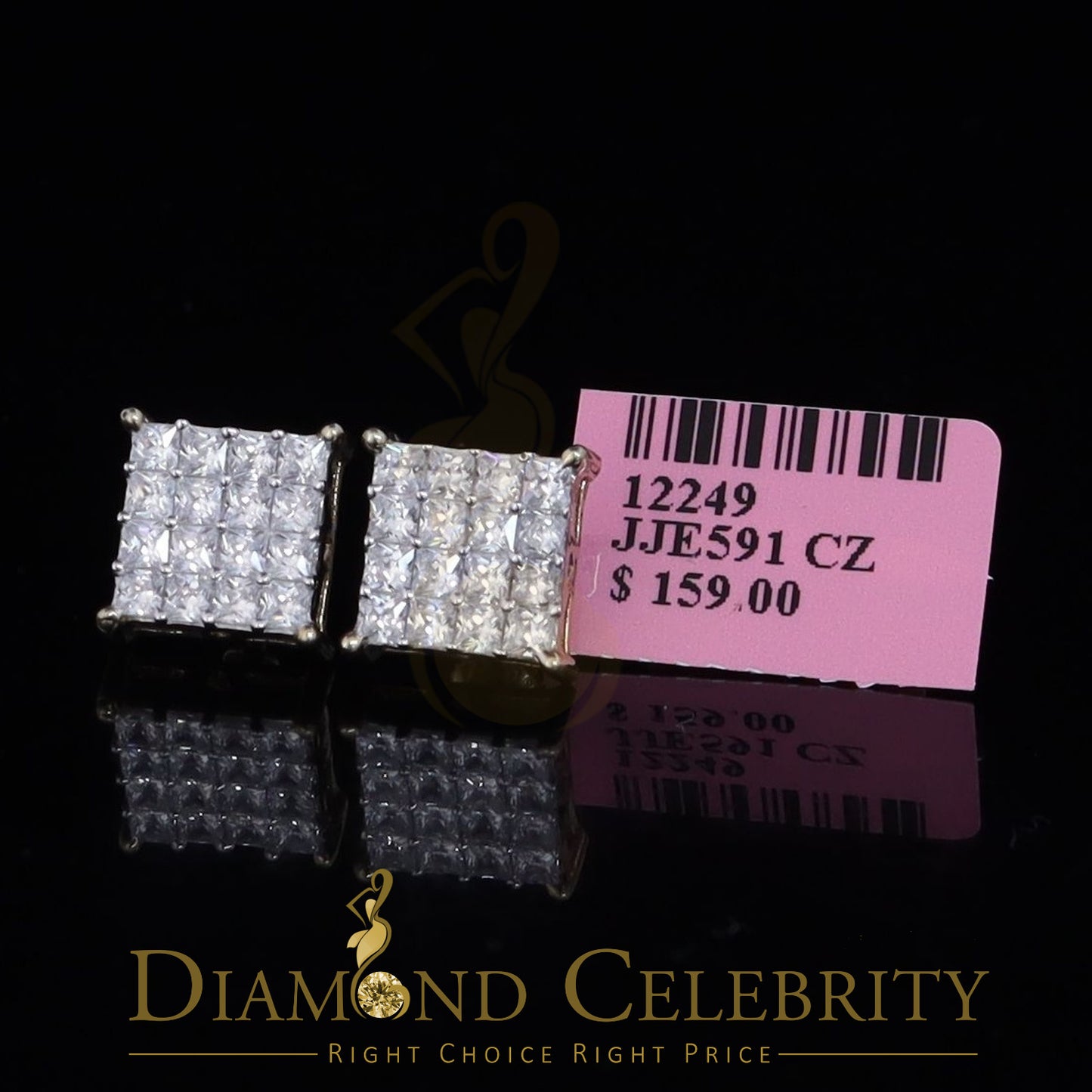 DiamondCelebritees 925 Yellow Silver 2.88ct Cubic Zirconia Women's & Men's Hip Hop Square Earrings