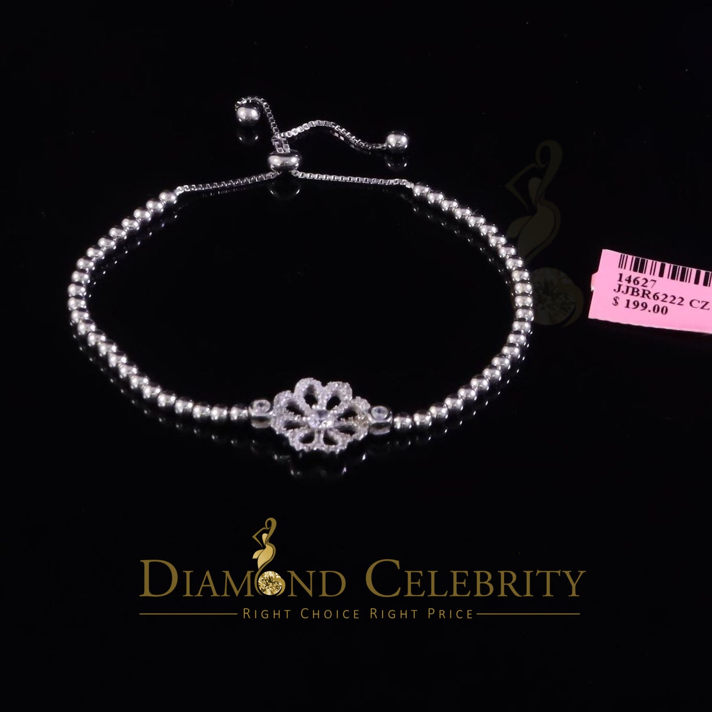 Diamondcelebritees White Sterling Silver Cubic Zirconia Floral Shape Bracelet Adjustable SZ 7 Inch