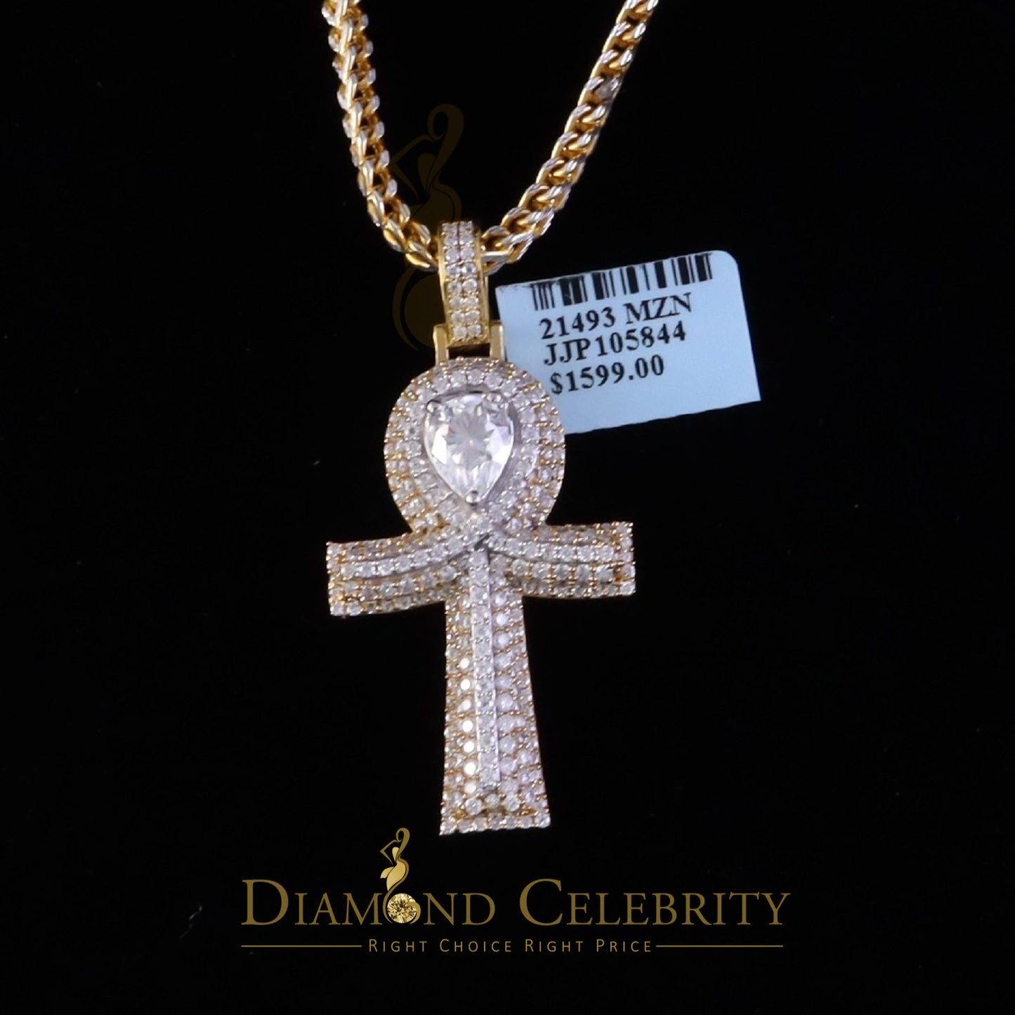 Diamondcelebritees 4.00ct VVS D Pear Shape Stone Yellow Charm Ankh Pendant Mens Silver Moissanite