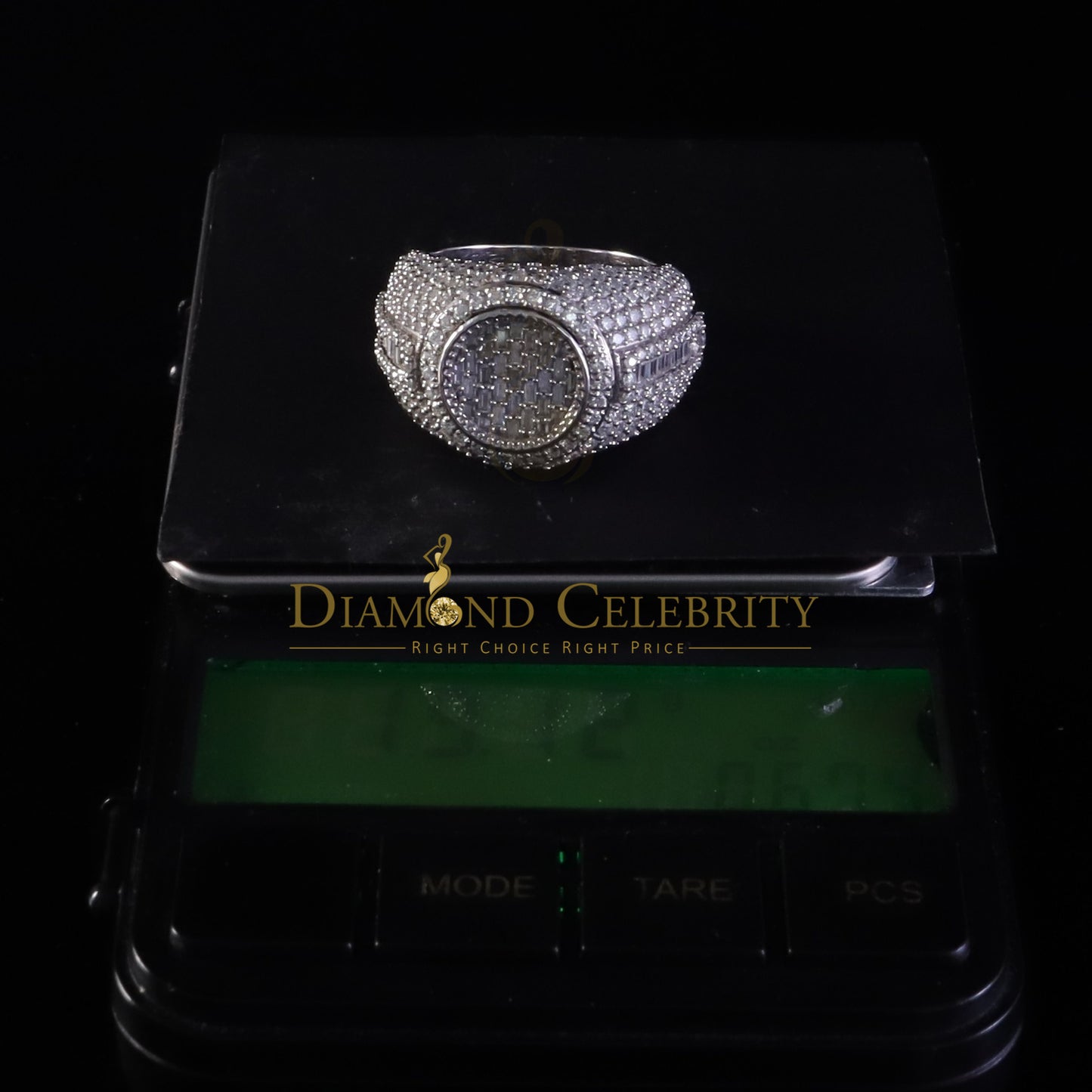 DiamondCelebritees White Sterling 925 Silver 5.50ct Buguette VVS D Moissanite Round Mens Ring SZ 10
