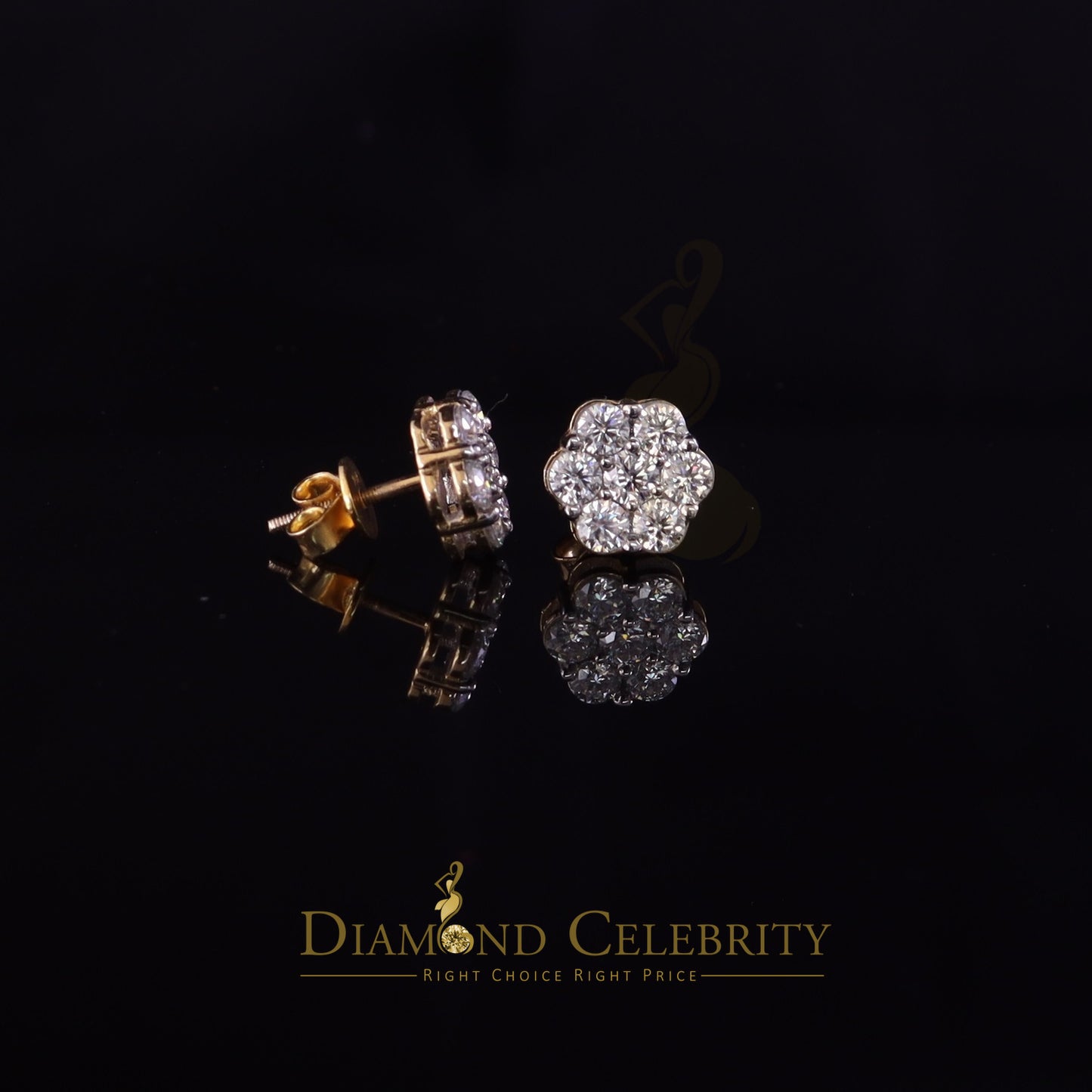 DiamondCelebritees Real Moissanite VVS 'D' Color 2.0ct 10k Real Yellow Gold Stud FLORAL Earrings