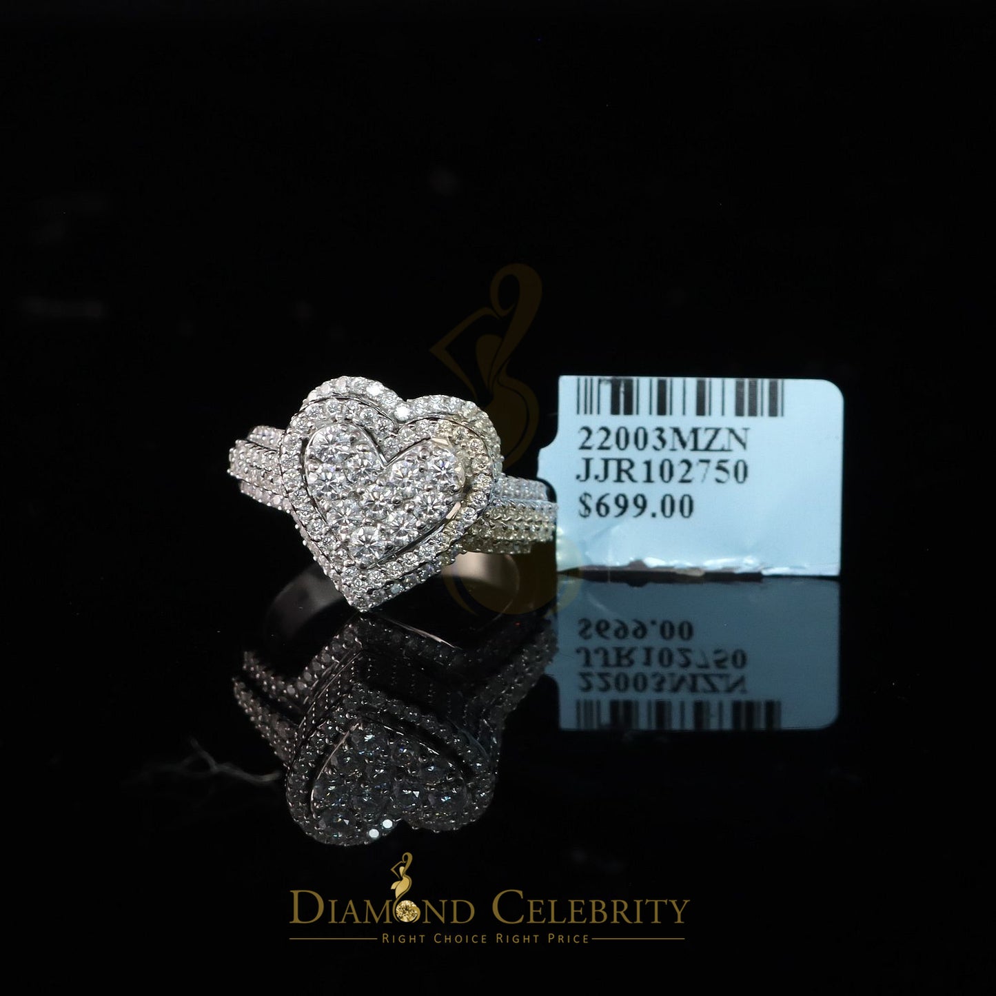 DiamondCelebritees 2.50CT Women's 925 Silver White VVS 'D' Moissanite 3D Heart Shape Ring Size7