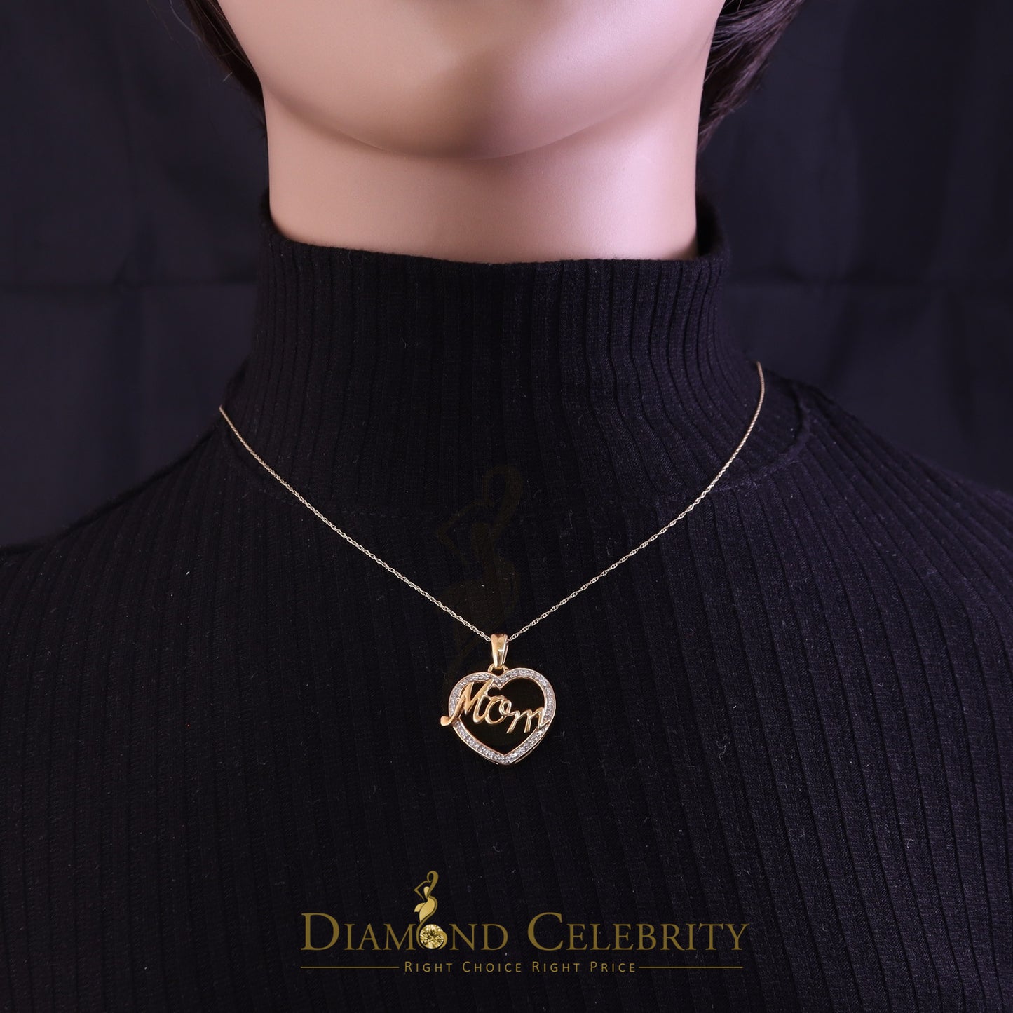 DiamondCelebritees Real 0.10ct Diamond Sterling Silver MOM'S HEART Charm Necklace Yellow Pendant