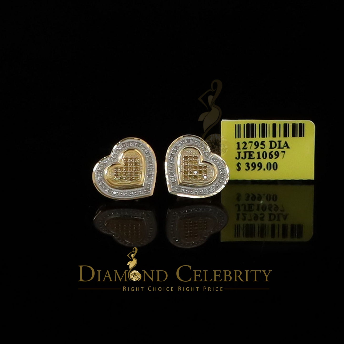 DiamondCelebritees Aretes Para Hombre Heart 925 Yellow Silver 0.30ct Diamond Women's /Men's Earring