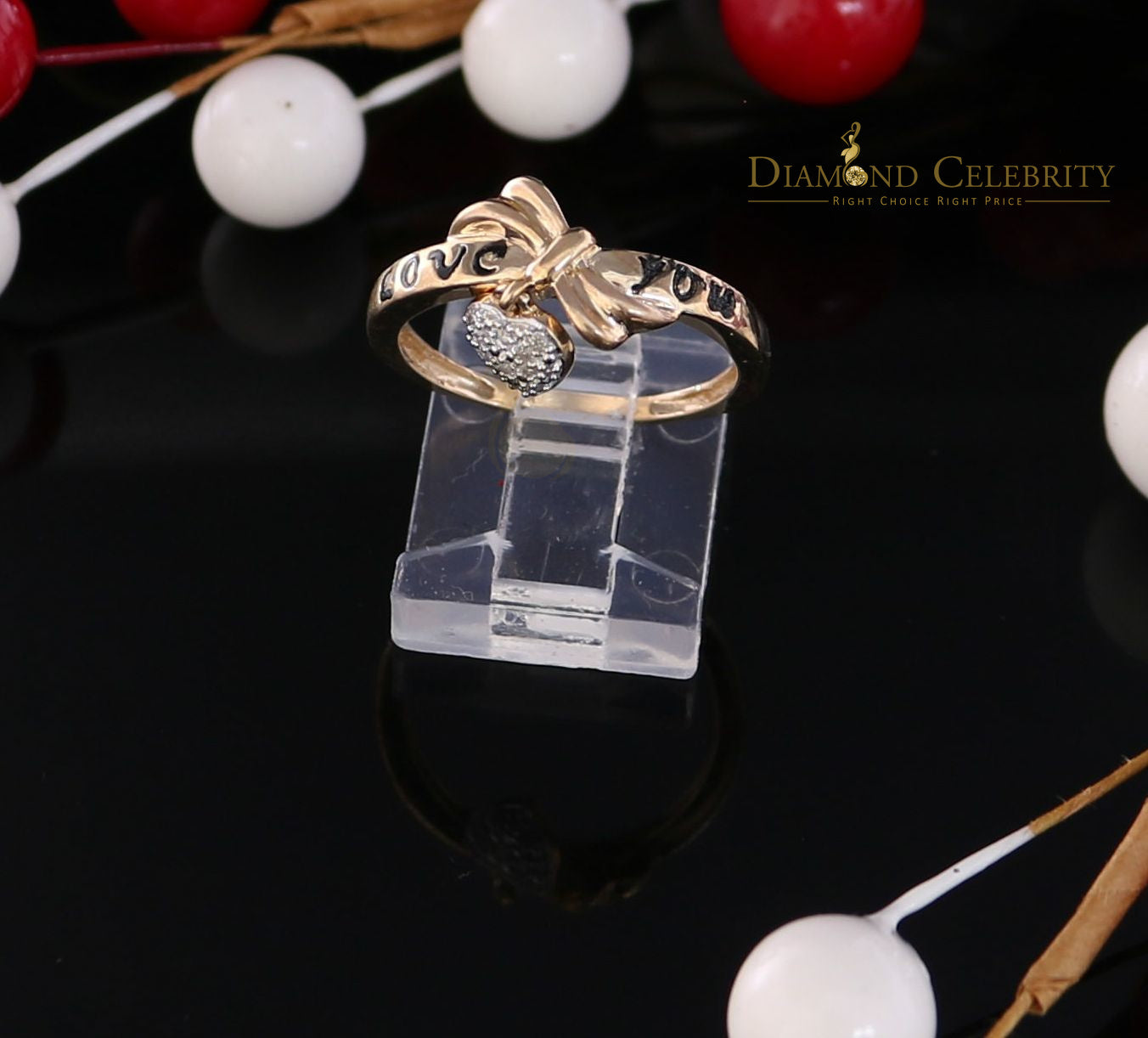 DiamondCelebritees Real 0.05ct Diamond Real 10kt Yellow Gold Fancy LOVE YOU HEART Charm Ring Size 7