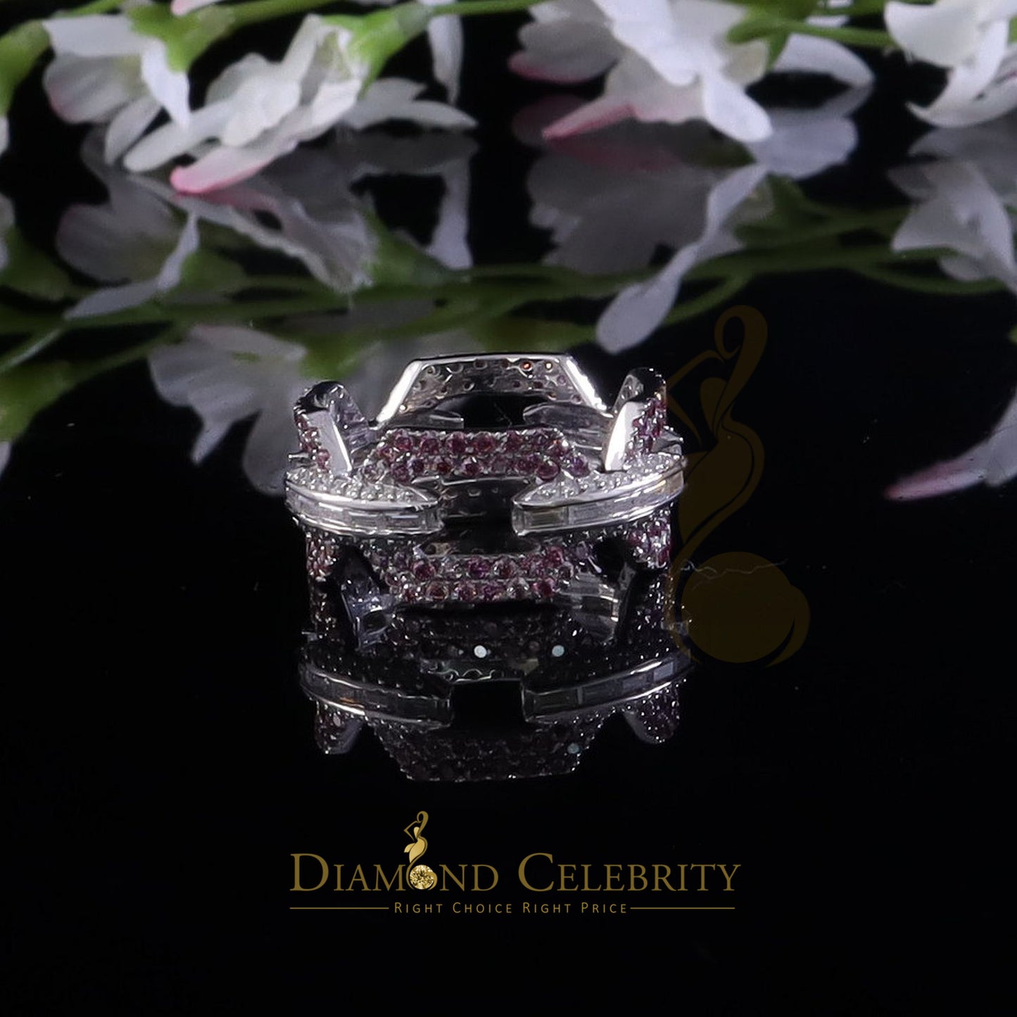DiamondCelebritees 2.50CT Women's Pink Moissanite VVS D 925 Silver White Baguette RD Ring Sz8