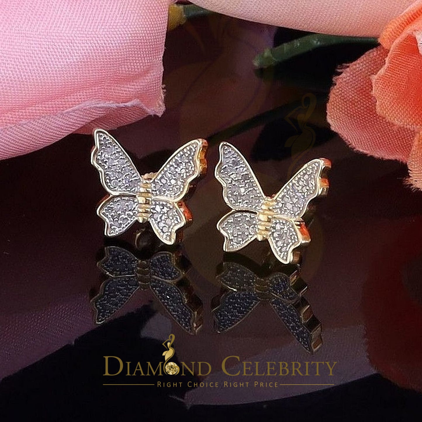 DiamondCelebritees Women's 0.25ct Real Diamond Butterfly Stud Earrings Yellow 925 Sterling Silver