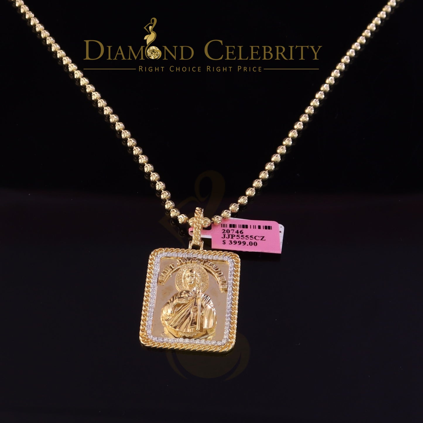 DiamondCelebritees Men's 925 San Judas Silver 0.66ct CZ Square 1.00 inch SAINT JUDE Yellow Pendant