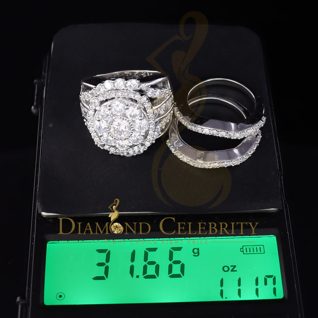 DiamondCelebritees White Silver 14.77ct Cubic Zirconia Floral Multi Row Wedding Sets Ring Size 8.5