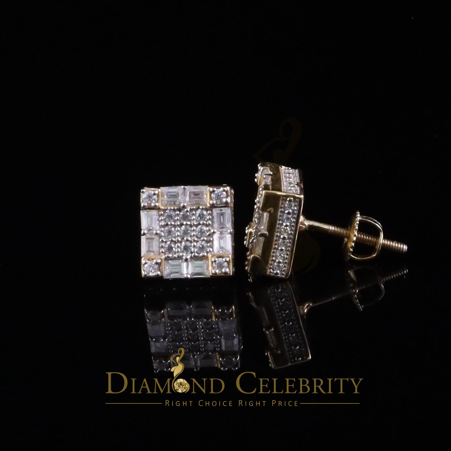 DiamondCelebritees Men's/Womens 925 Yellow Silver 1.00ct VVS 'D' Moissanite Square Stud Earring