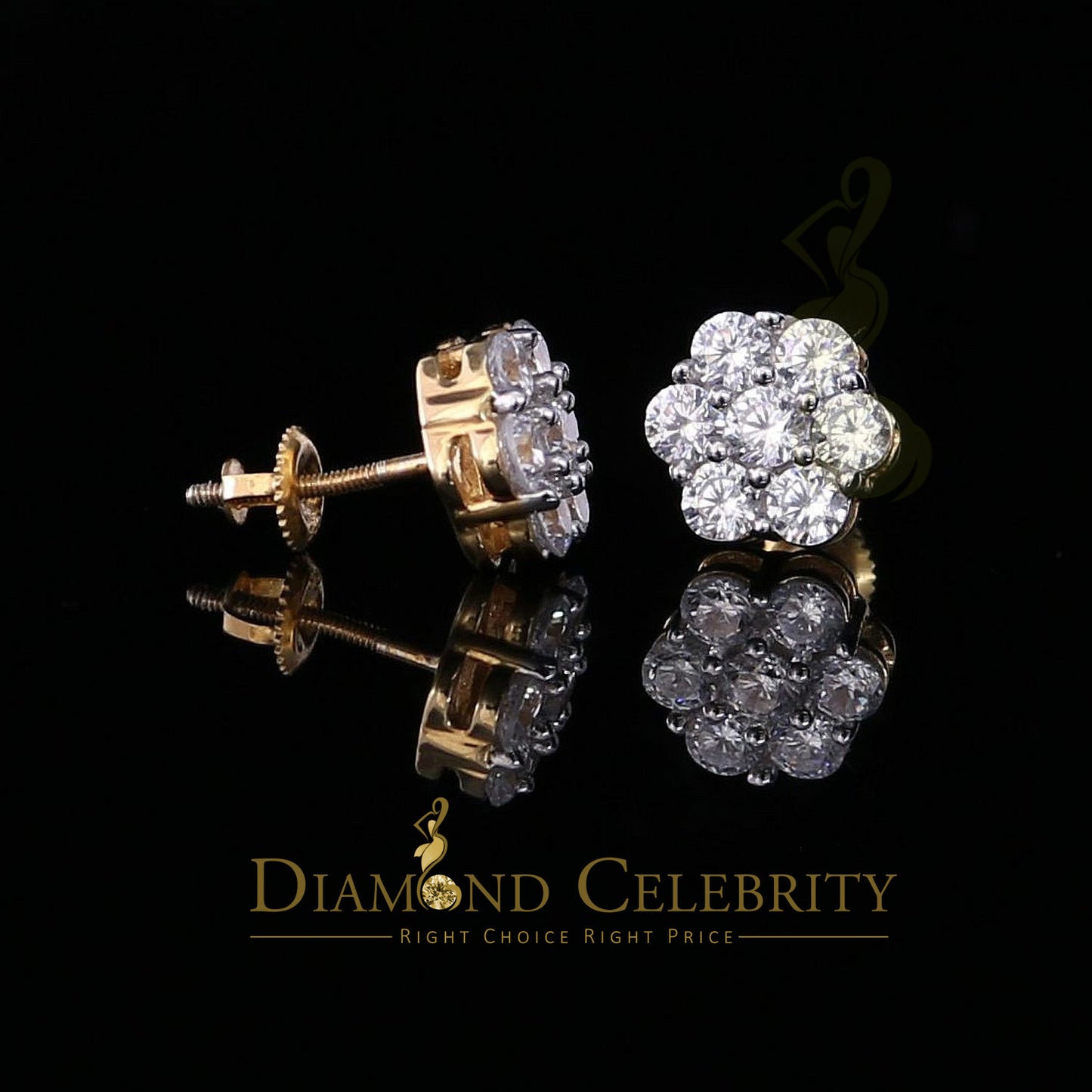 DiamondCelebritees 2.66ct Cubic Zirconia 925 Yellow Silver Women's & Men's Hip Hop Floral Earrings
