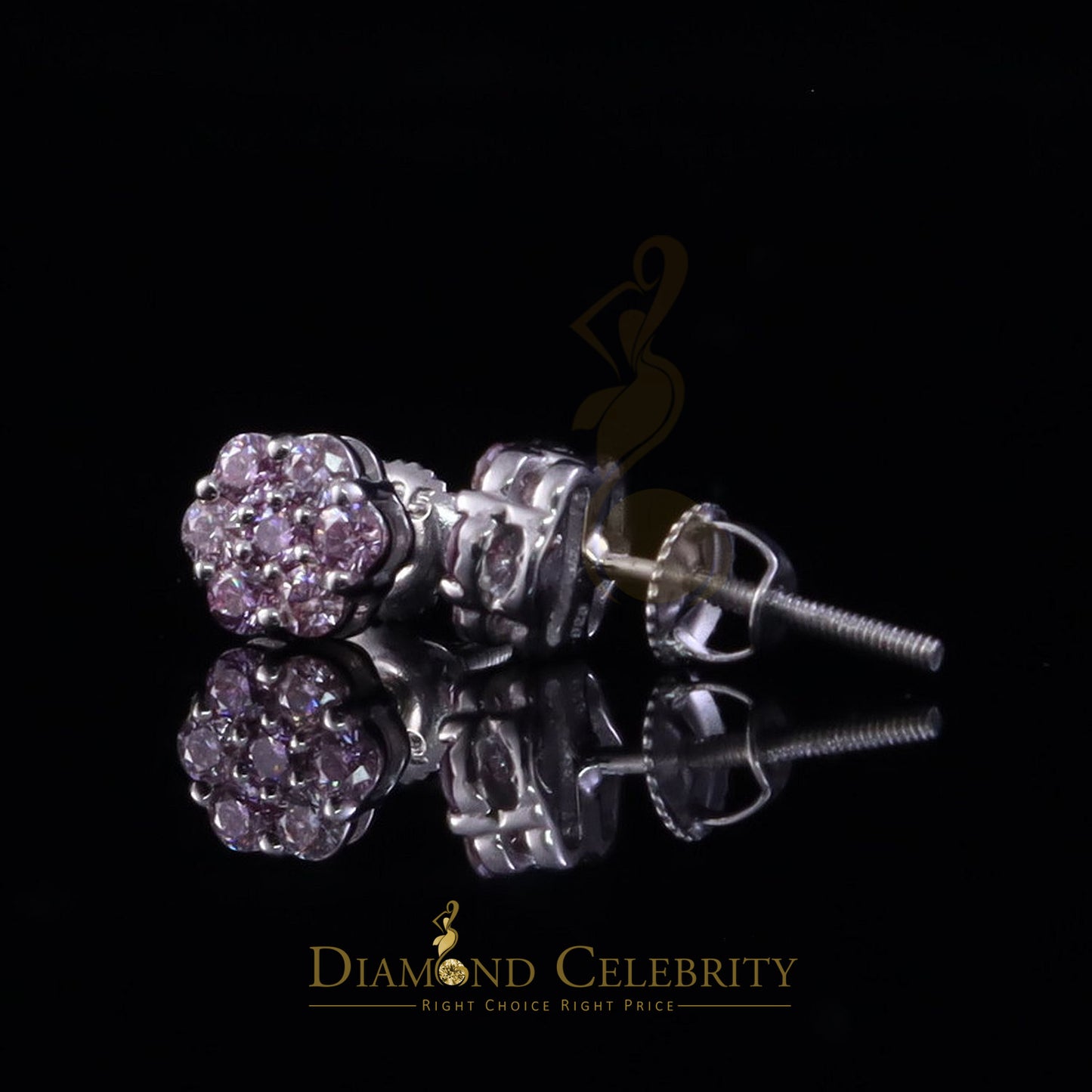 Diamondcelebritees Mens/Womens 925 Silver White 0.50ct VVS 'D' Pink Moissanite Floral Stud Earrings