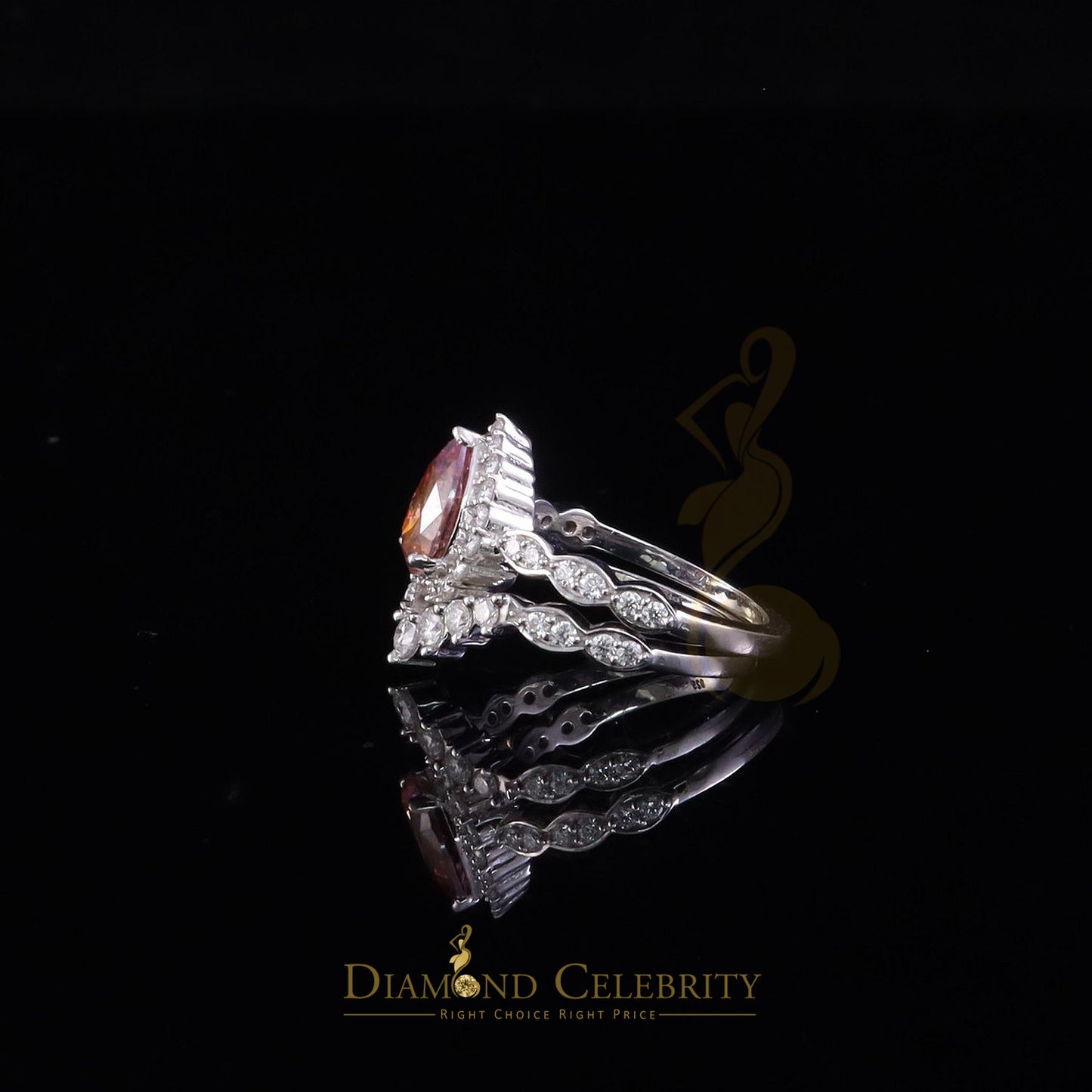 DiamondCelebritees 2.50CTWomen's 925 ilver VVS D Pink&White Moissanite Pear Shaped Double Ring SZ 7