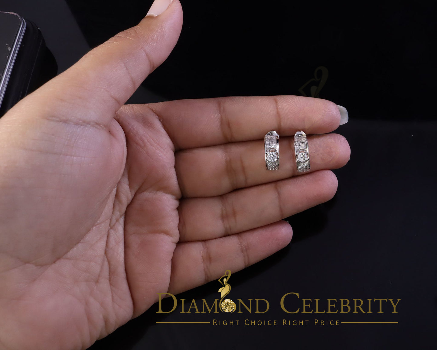 DiamondCelebritees Hip hop Mens white Gold 925 Sterling Silver Iced 2 row Huggie Hoop earrings
