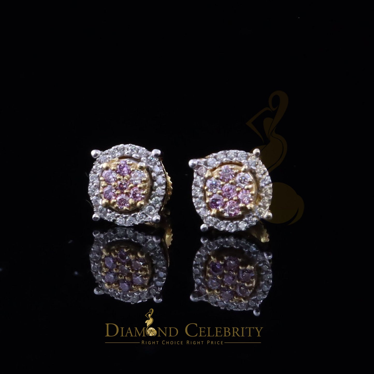 DiamondCelebritees Women's 925 Silver Yellow 0.40ct VVS 'D' Pink Moissanite Round Stud Earrings