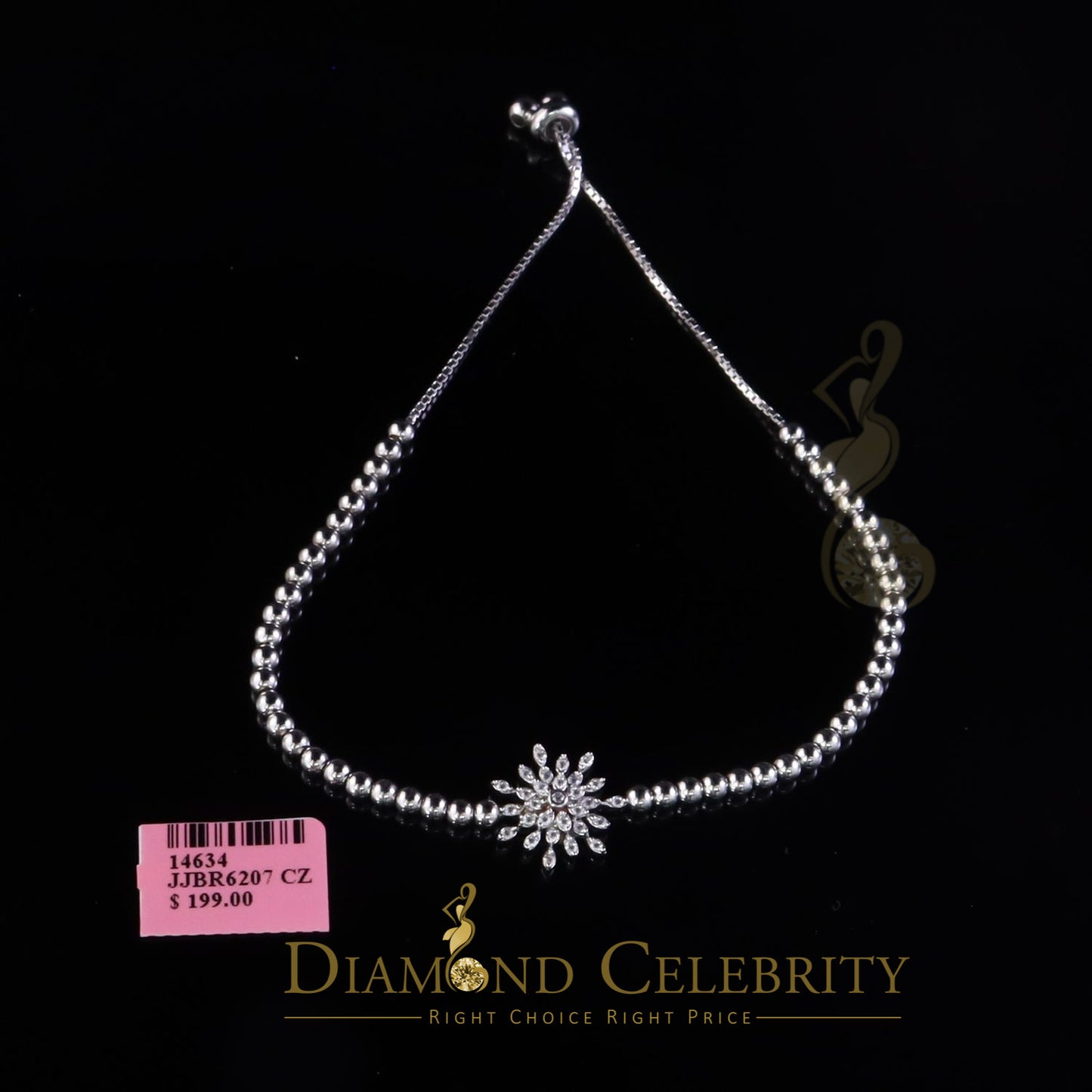 Diamondcelebritees 925 Sterling Silver Sparkling White Bracelet Cubic Zirconia Adjustable SZ 7 Inch