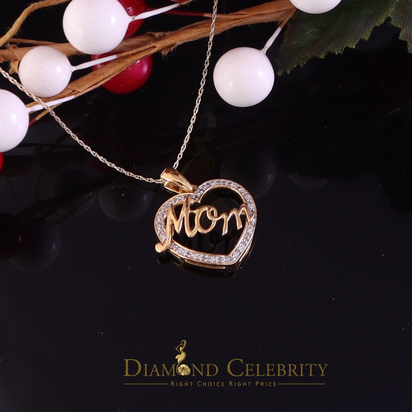DiamondCelebritees Real 0.10ct Diamond Sterling Silver MOM'S HEART Charm Necklace Yellow Pendant