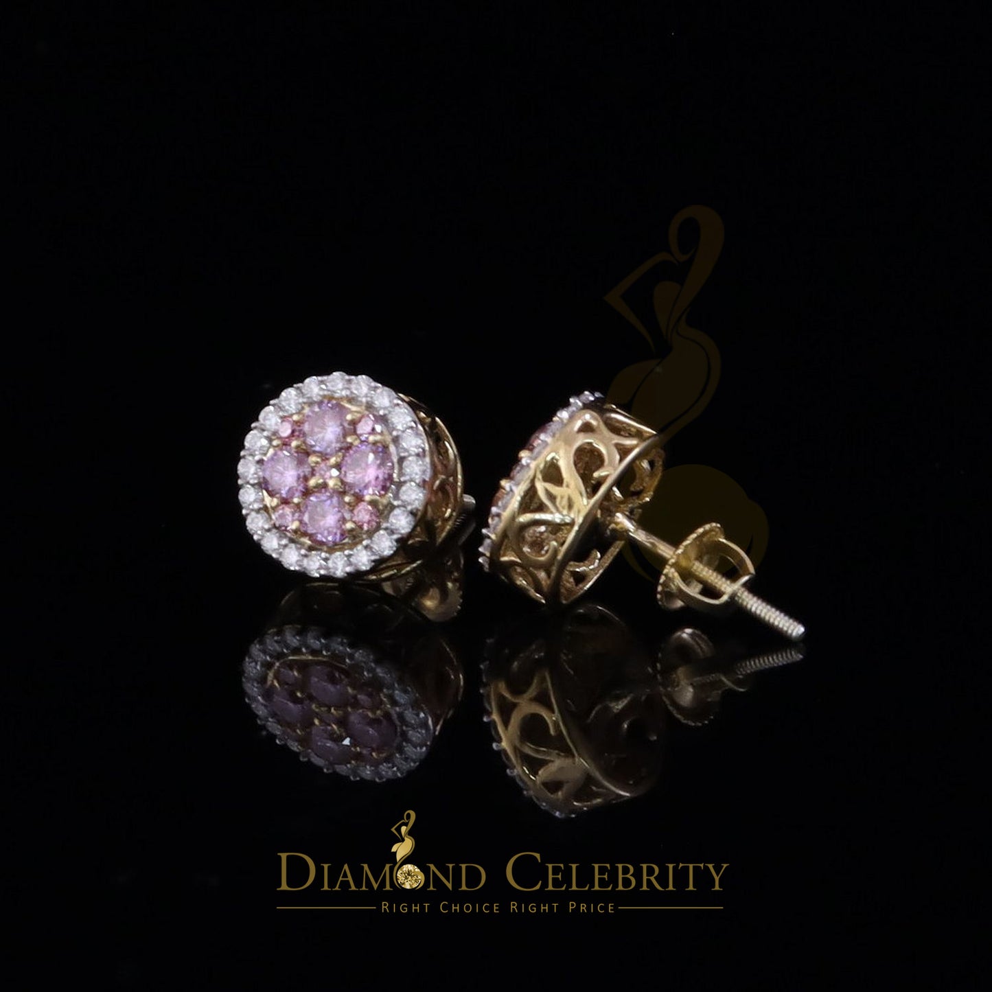 DiamondCelebritees Women's 925 Silver Yellow 1.00ct VVS 'D' Pink Moissanite Round Stud Earrings