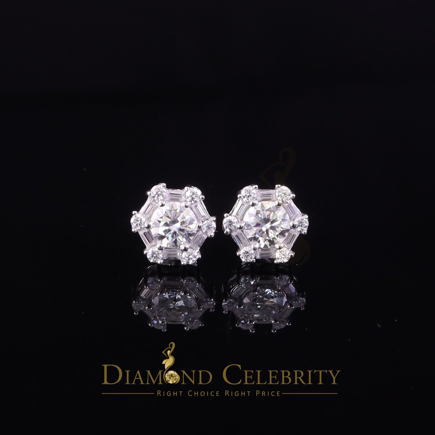 Diamondcelebritees Men's/Womens 925 Silver White 1.50ct VVS 'D' Moissanite Hexagon Stud Earrings