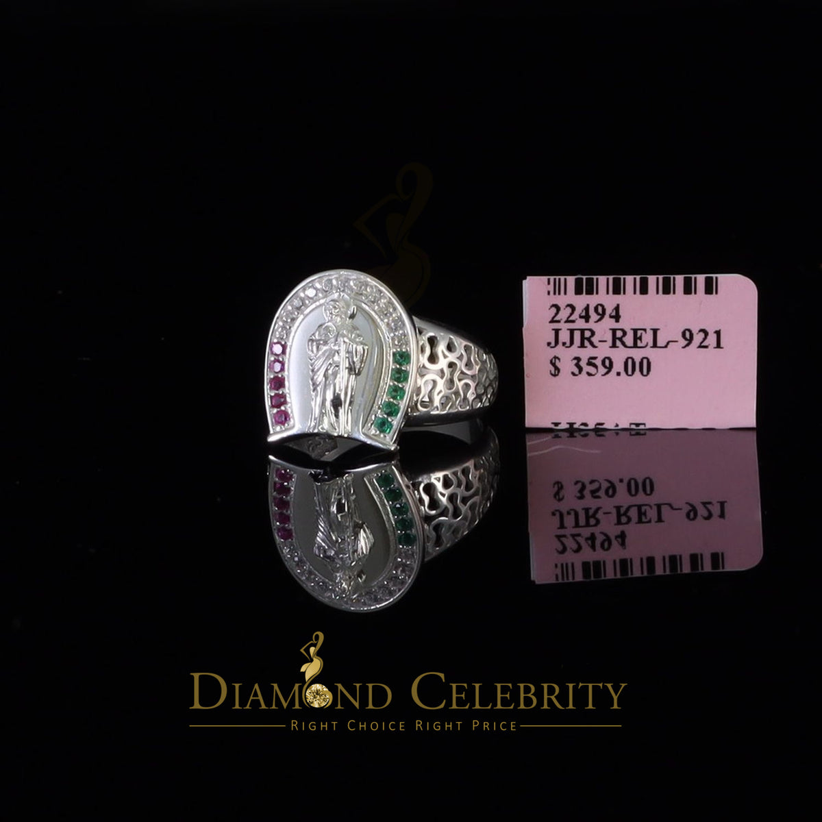 DiamondCelebritees White 925 Silver Saint Jude Thaddeus Pink & Green CZ Horse Shoe Women Ring SZ 6