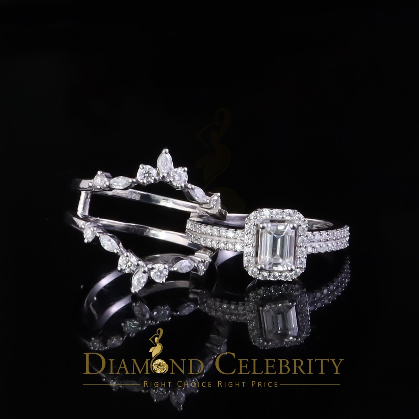 DiamondCelebritees 925 Silver Moissanite White 2.0ct Emerald Cut Round Guard Wrap womens Rings SZ 7