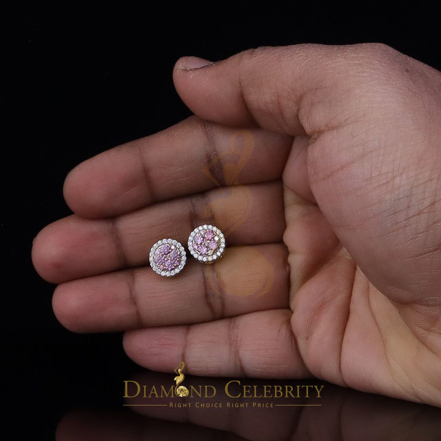 DiamondCelebritees Women's 925 Silver Yellow 1.00ct VVS 'D' Pink Moissanite Round Stud Earrings