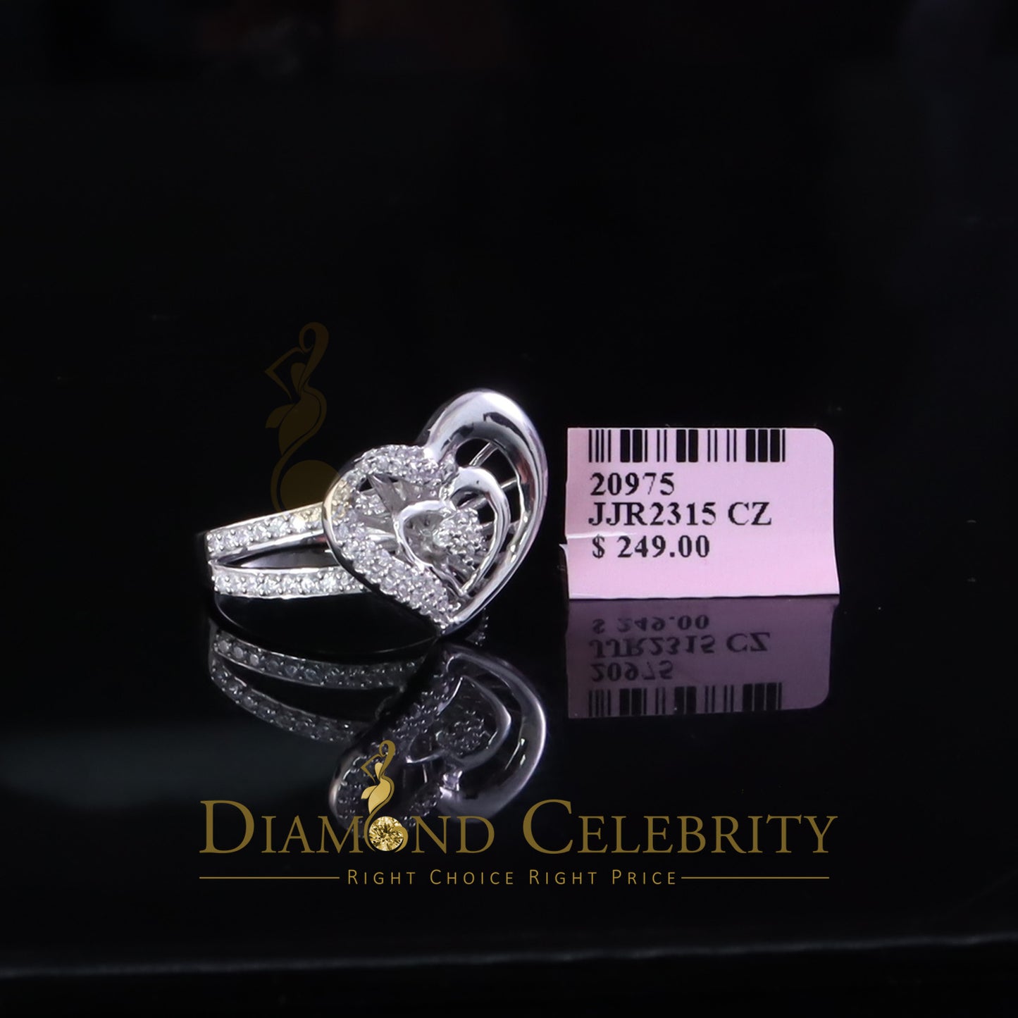 DiamondCelebritees 925 Silver Baguette 85 Cubic Zirconia Stones White Dual Heart Womens Ring SZ7.