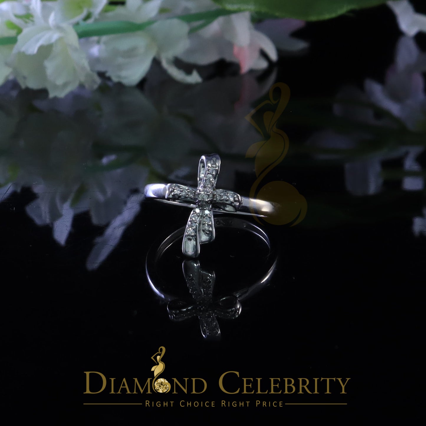 DiamondCelebritees 925 Sterling White Silver Shiny Cross 0.17ct Cubic Zirconia Womens Ring Size 8