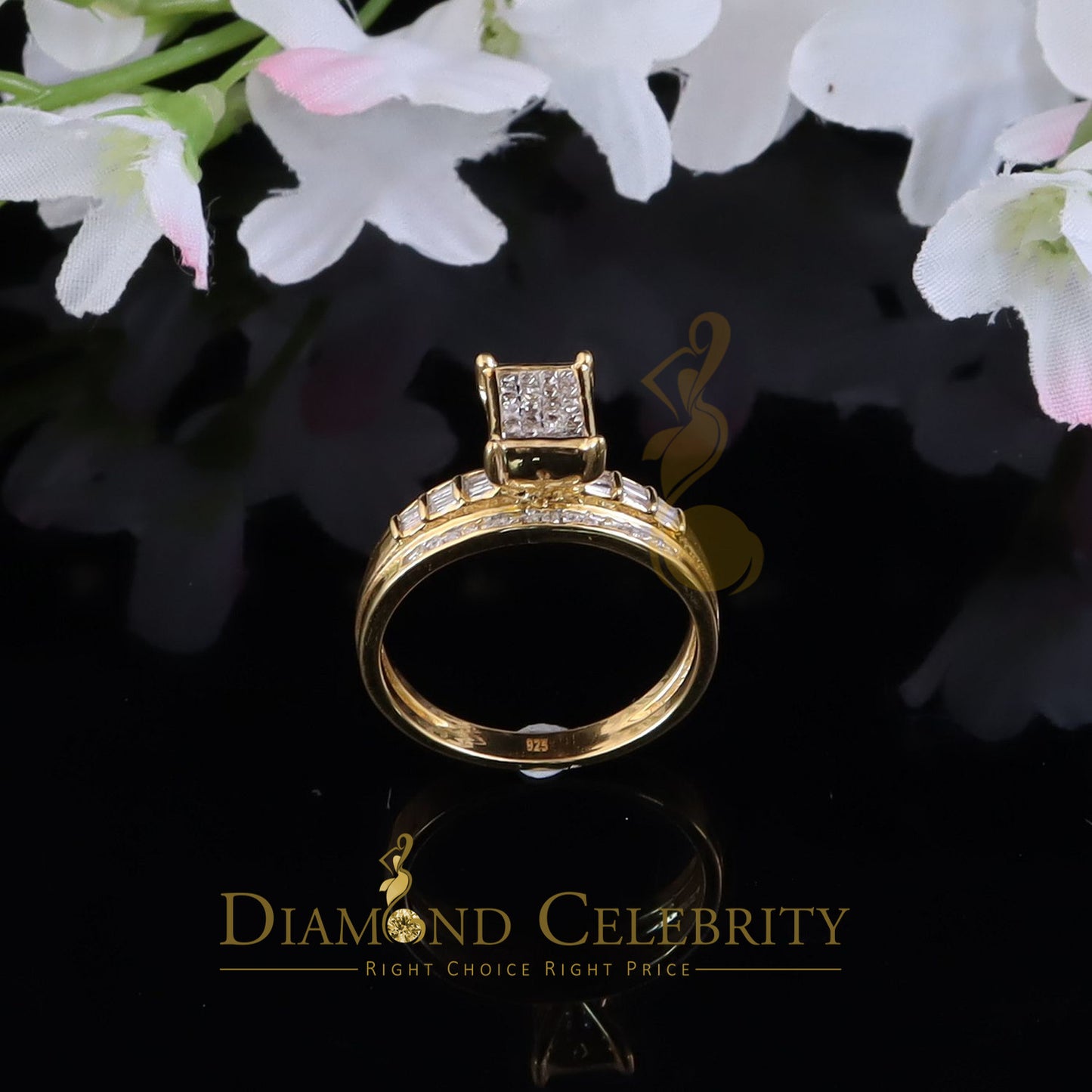 DiamondCelebritees 925 Yellow Silver with Real Diamond 0.33ct Cinderella Engagement Ring Size 7.5