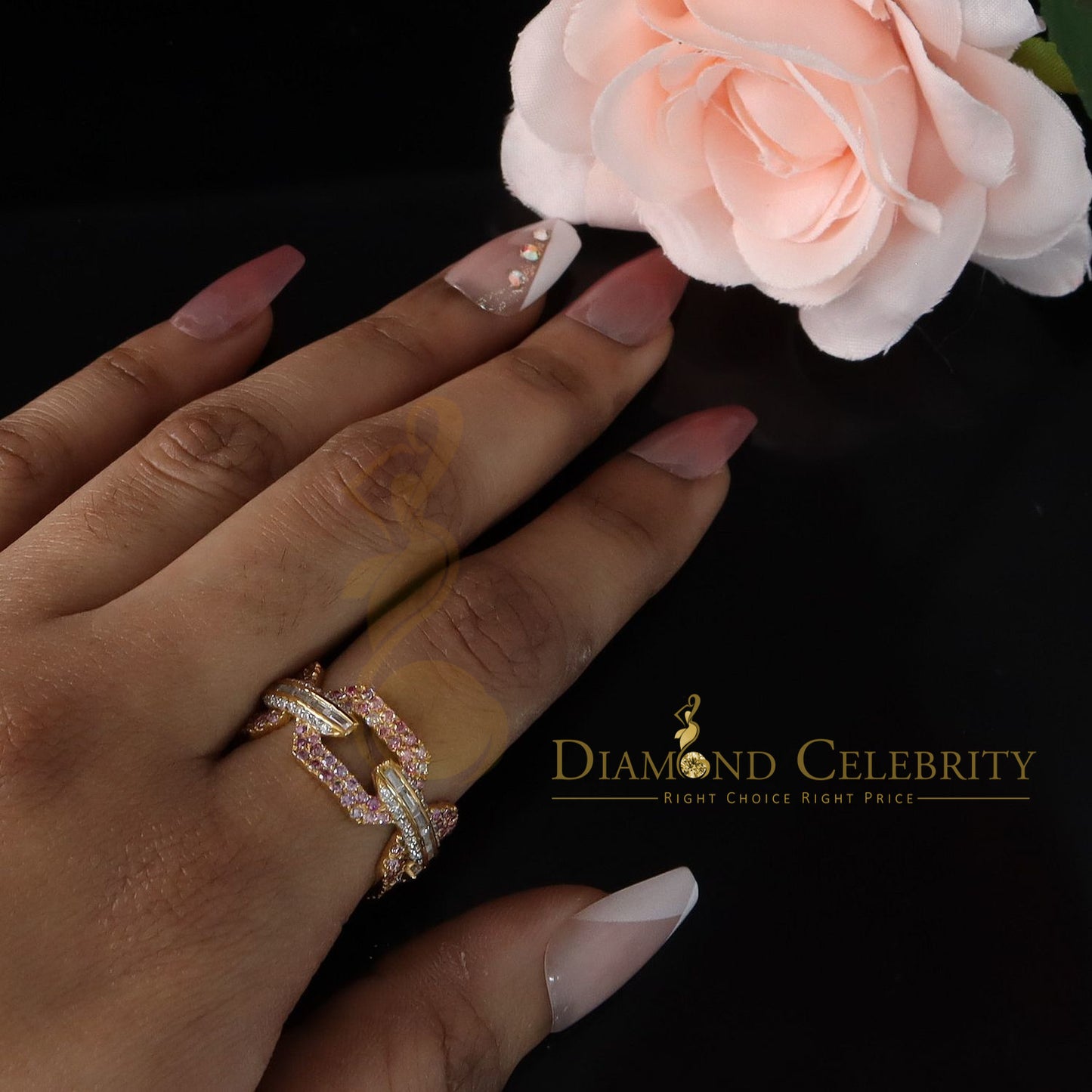 DiamondCelebritees 2.50CT Womens Pink Moissanite VVS D 925 Yellow Silver Baguette Eternity Ring Sz8