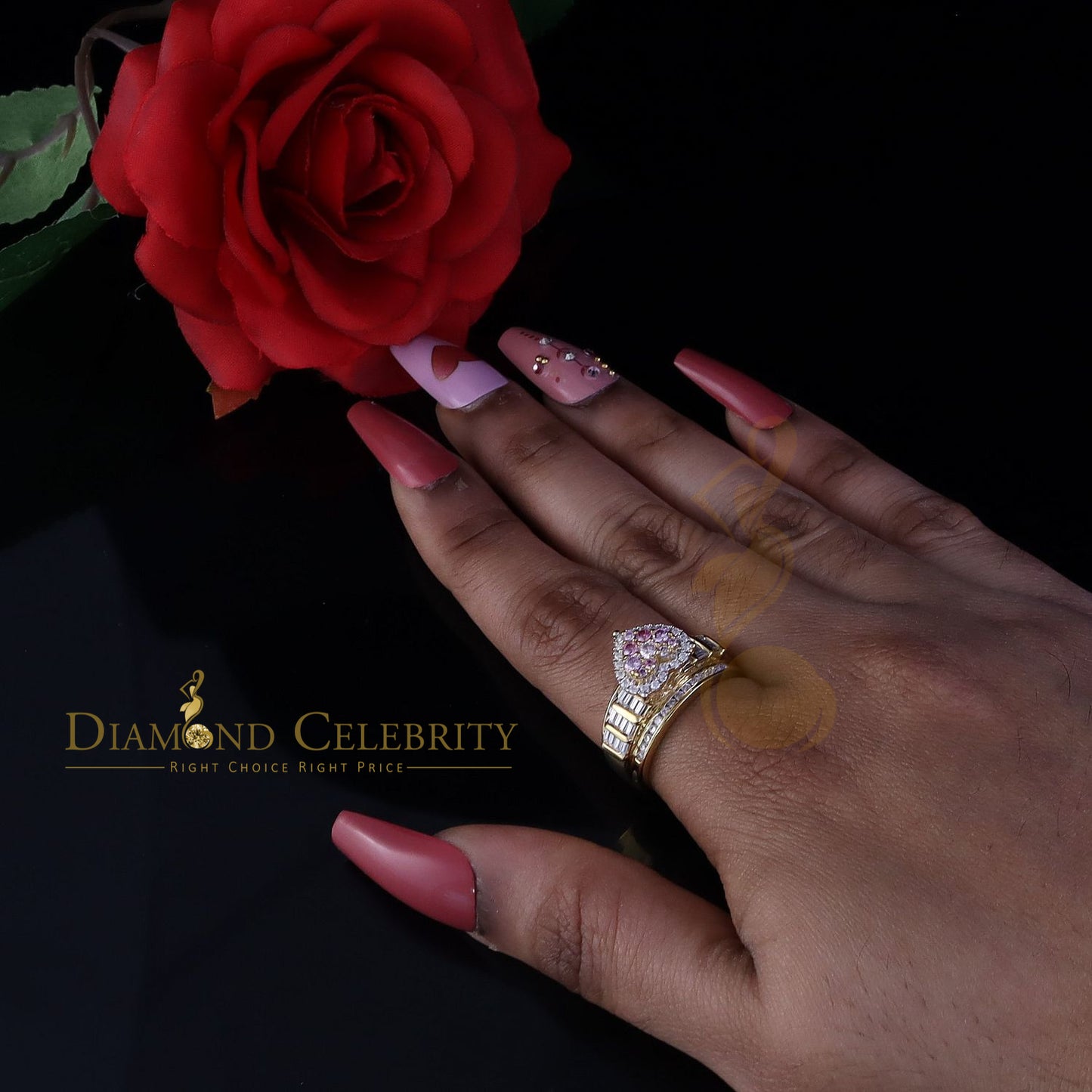 DiamondCelebritees Women 2.50ct 925 Silver VVS 'D' Pink Moissanite Yellow Cinderella HEART Ring SZ 7