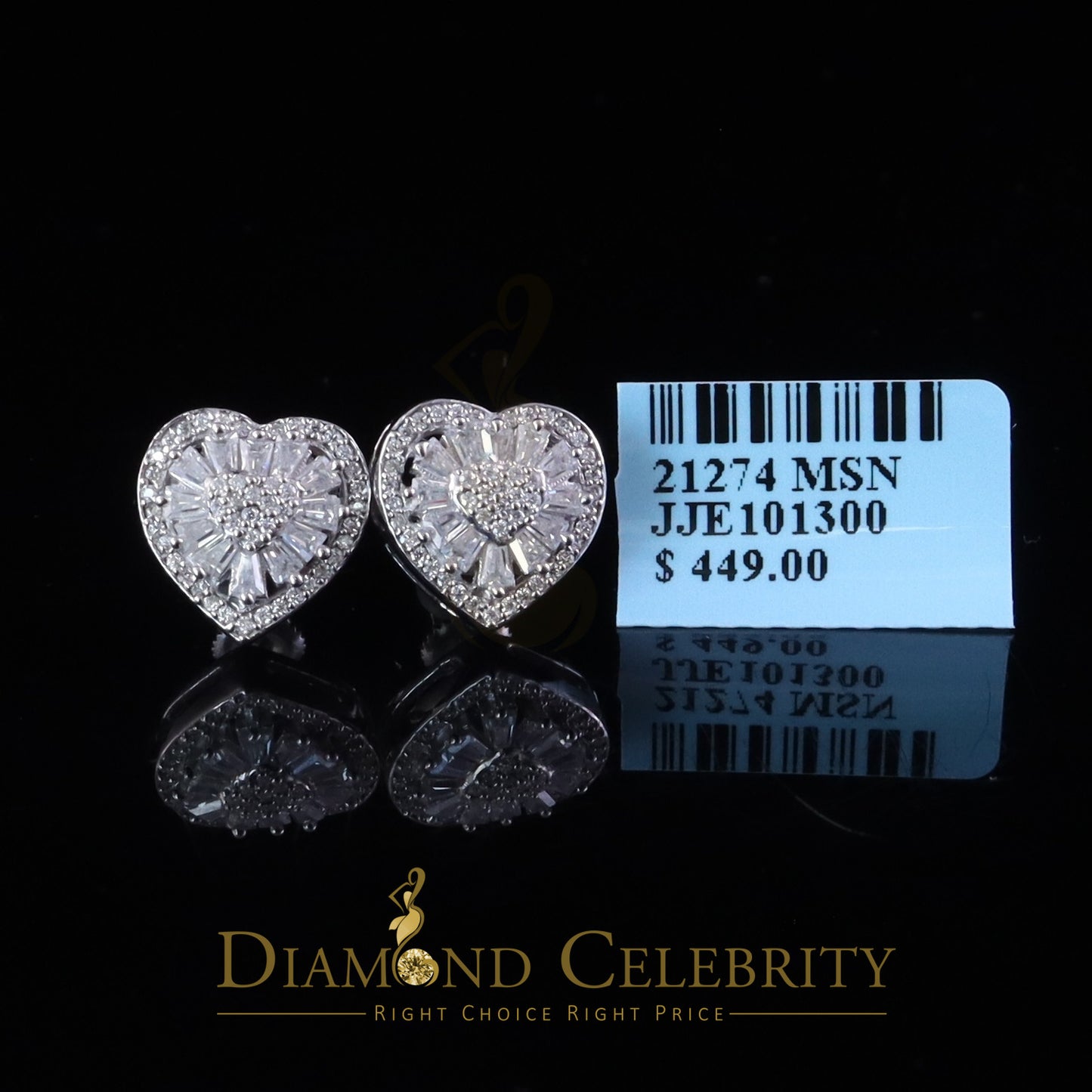 Diamondcelebritees White Heart 925 Silver 1.00ct VVS 'D' Moissanite Stud Earring Men's/Womens