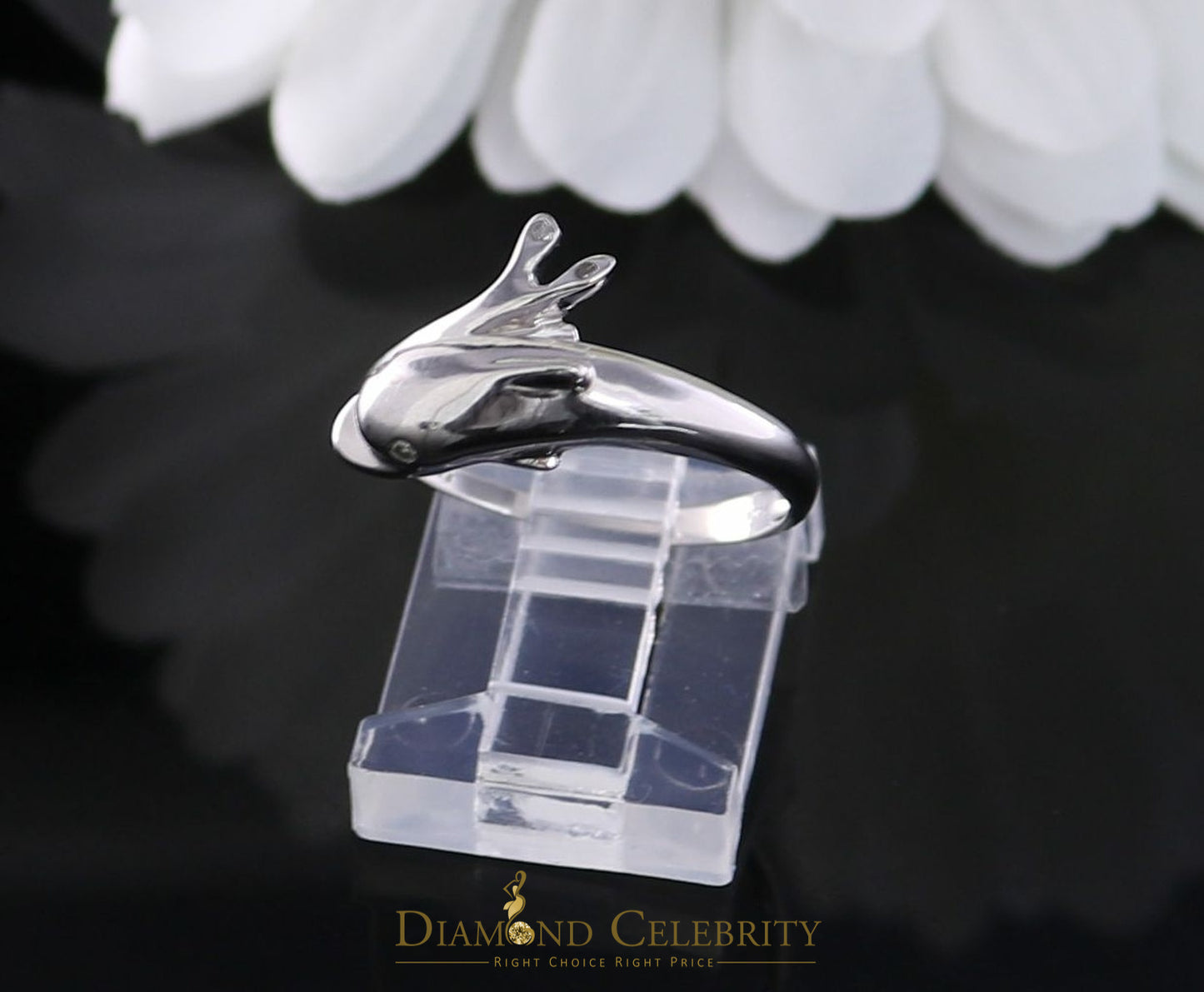 DiamondCelebritees Real 10 kt White Gold with 0.02 CT Genuine Diamond Cute Dolphin Ring Size 6.5