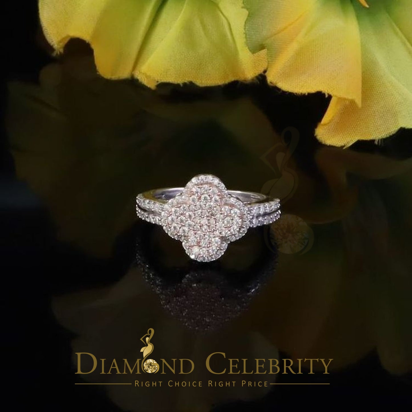 DiamondCelebritees 1.66ct VVS D Clr Clover Silver White Rose For Women's 925 Moissanite Ring Size7
