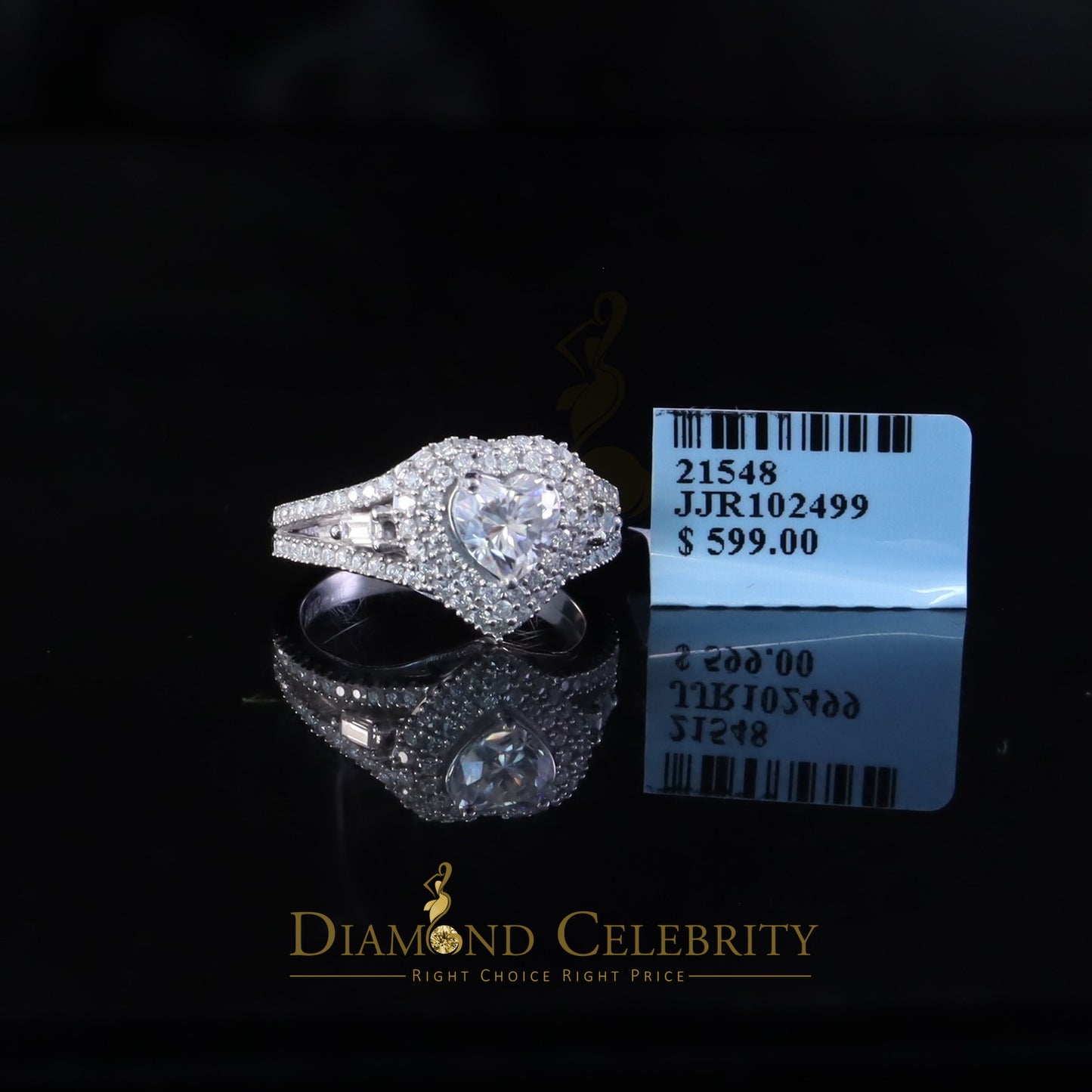 DiamondCelebritees White Silver 1.50ct VVS 'D' Round Moissanite Heart Ring Size 7 for Women's
