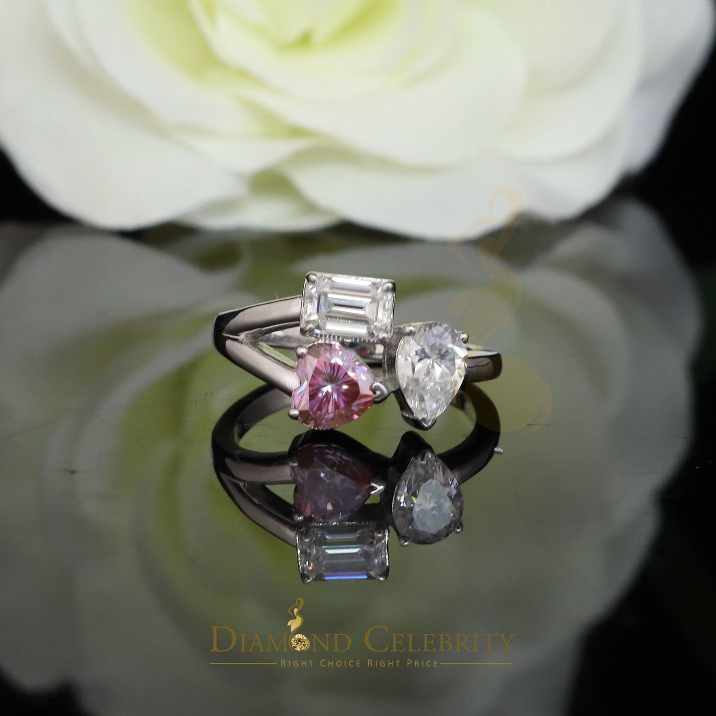 DiamondCelebritees 2.50CT Women's925 Silver VVS D Pink&White Moissanite Toi Moi RingSZ 7