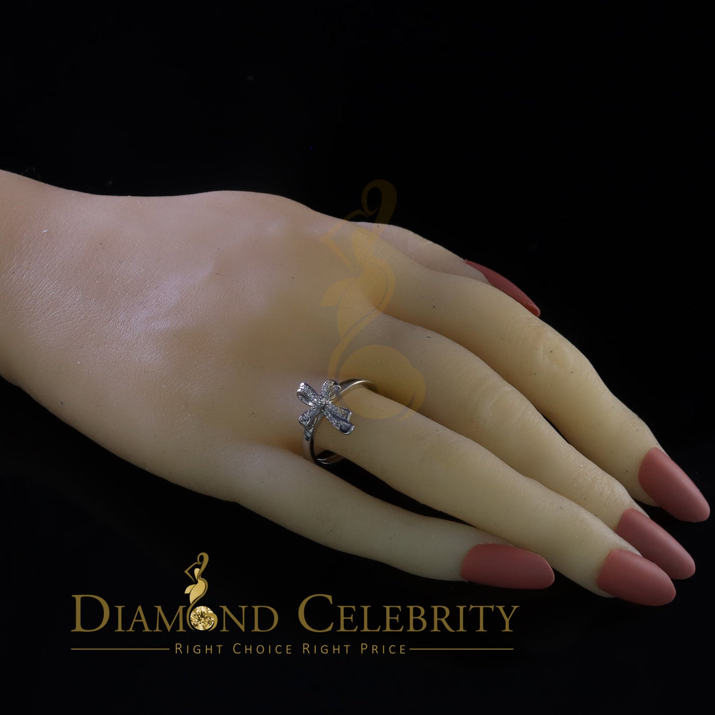 DiamondCelebritees 925 Sterling White Silver Shiny Cross 0.17ct Cubic Zirconia Womens Ring Size 8