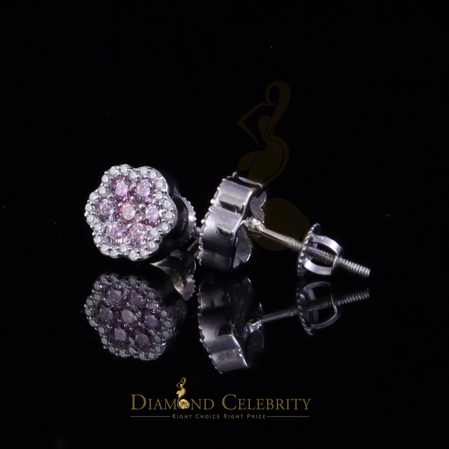 Diamondcelebritees Men's/Women's 925 Silver White 0.66ct VVS D Pink Moissanite Floral Stud Earrings