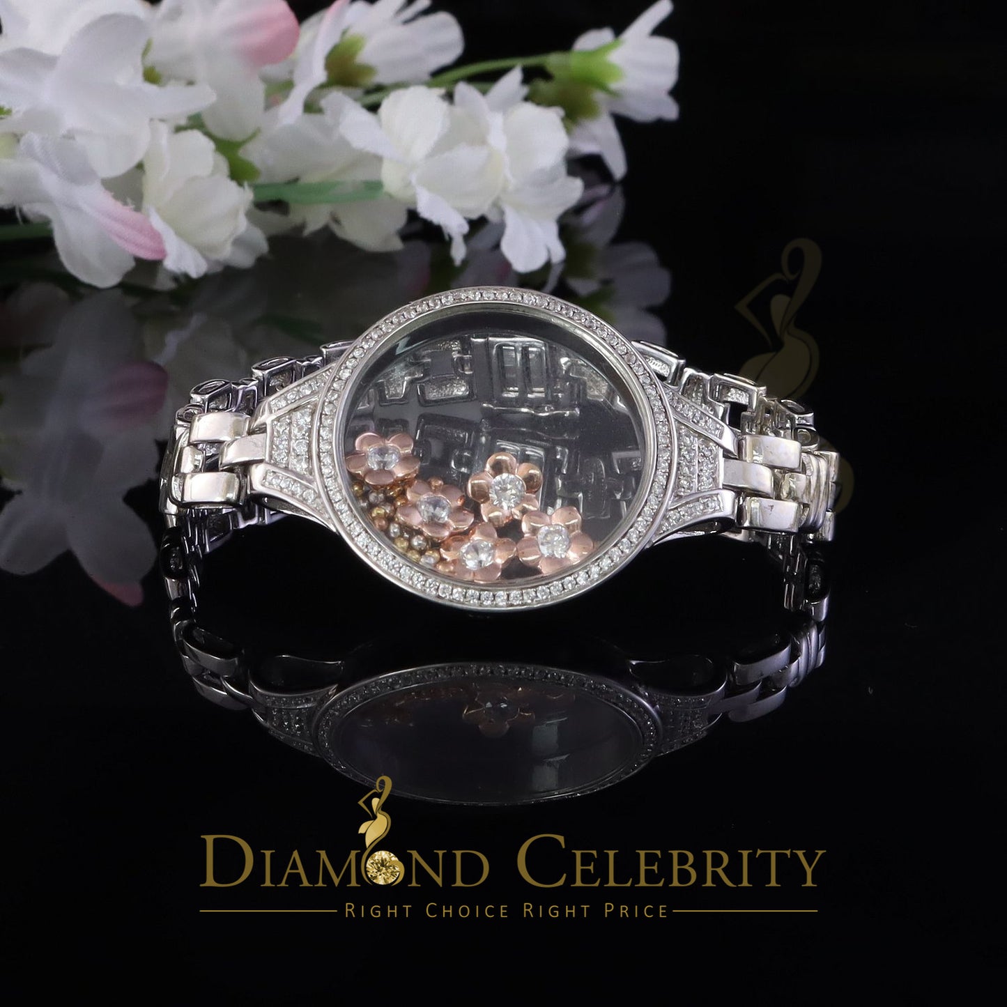 Diamondcelebritees 925 Silver White Floating Flowers Bracelet Iced Out with Cubic Zirconia SZ 7