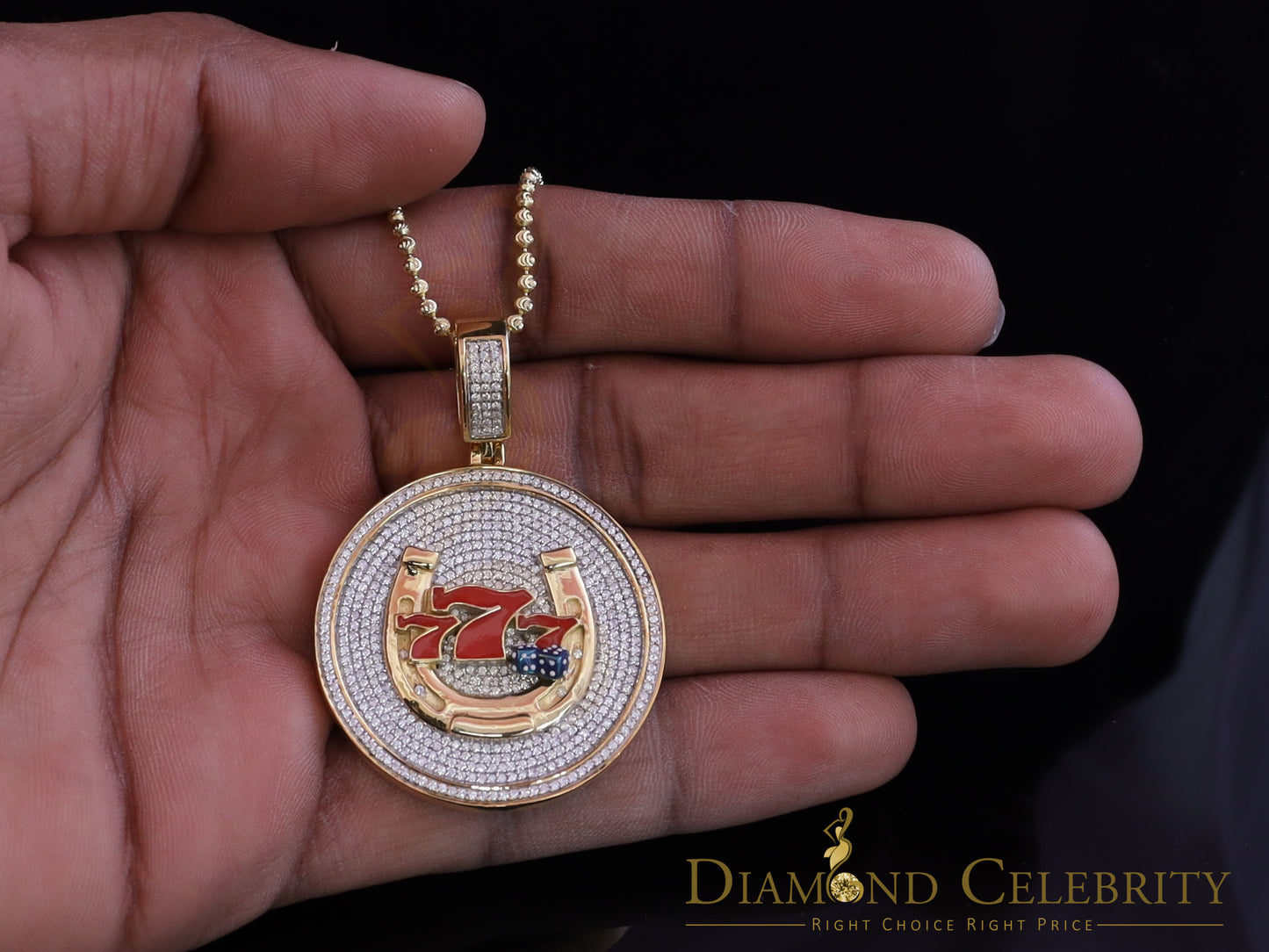 Diamondcelebritees Lucky 2.00ct Real Moissanite Yellow 925 Silver 777 W/Dice Horse Shoes Pendant