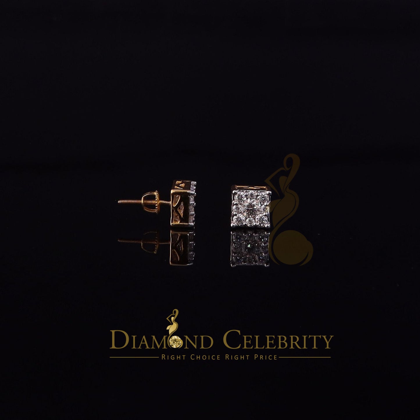 DiamondCelebritees Real Moissanite Stud Square Earrings 10k Real Yellow Gold 1.00ct VVS 'D' Color
