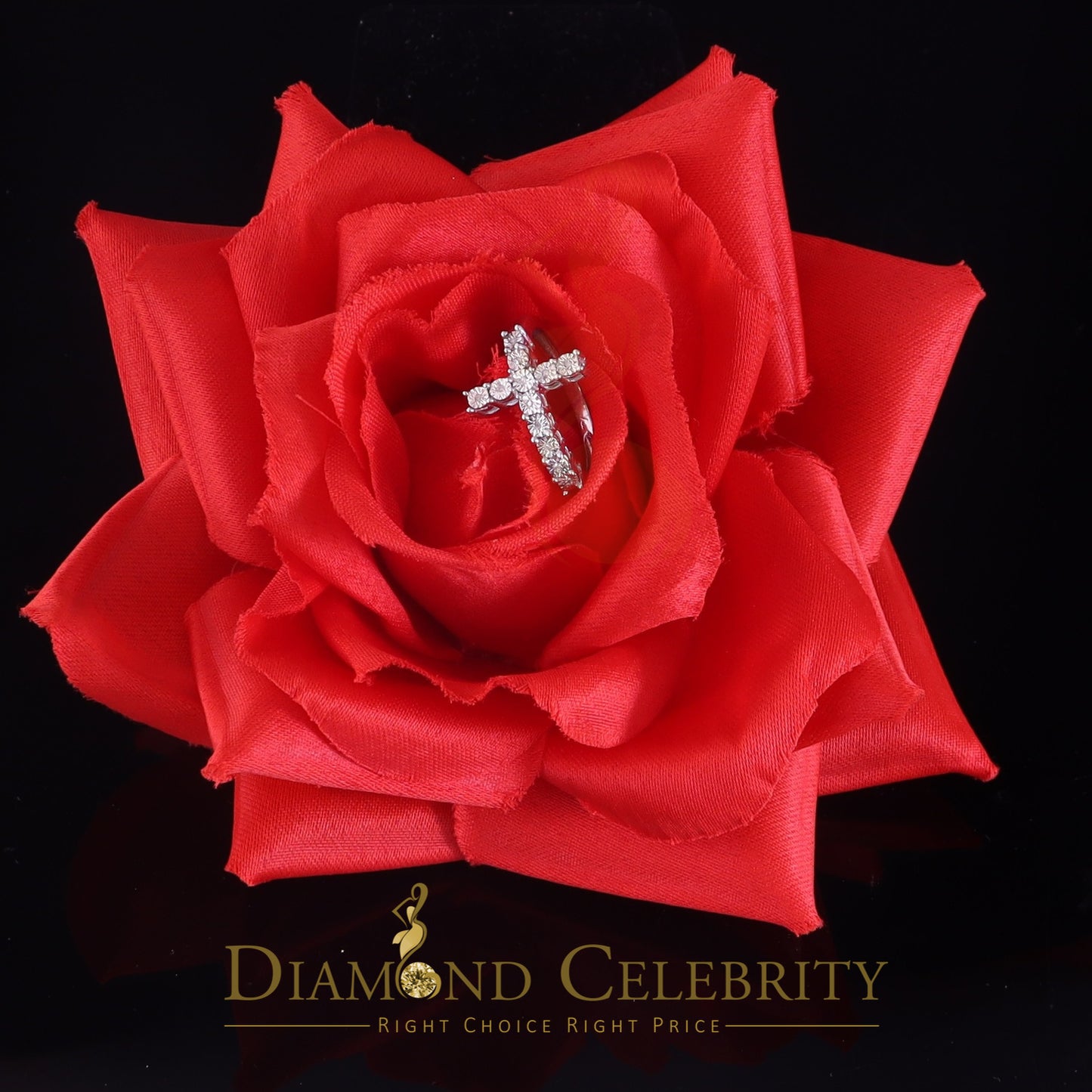 DiamondCelebritees 0.05ct Real Diamond 925 Sterling White Silver Sideways Cross Womens Ring Size 7