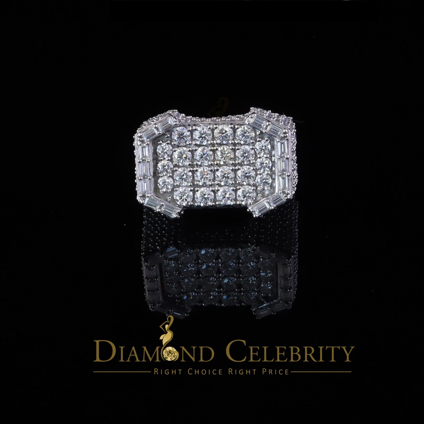 DiamondCelebritees Men's 925 White Silver 6.50ct VVS 'D' Baguette Moissanite Octagone Rings Size 10