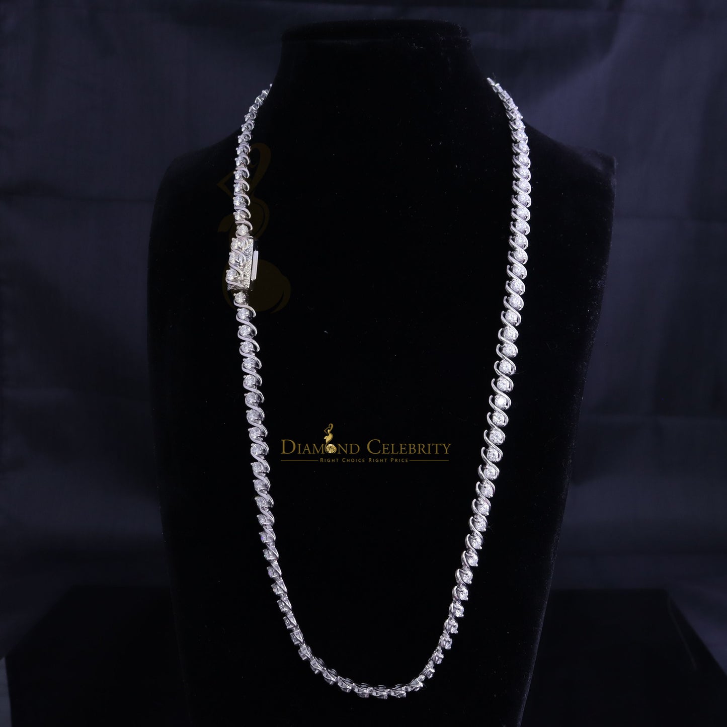 DiamondCelebritees 925 Silver White 20ct Moissanite Tennis Men's Necklace size 21.5 inch & Widt 6mm