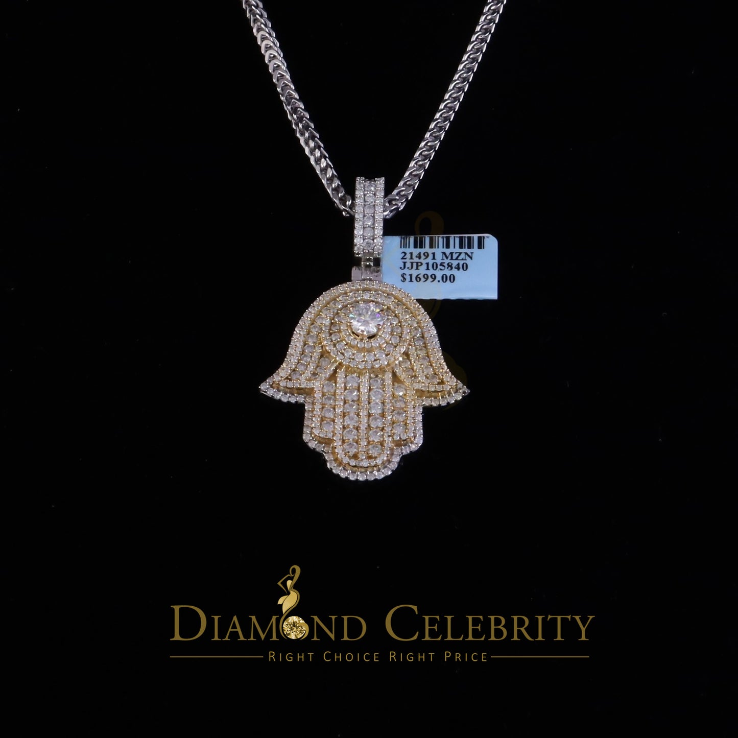 Diamondcelebritees Big 5CT VVS D Moissanite White 2.5 Inch Silver Charm Hamsa Pendant for Men/Women