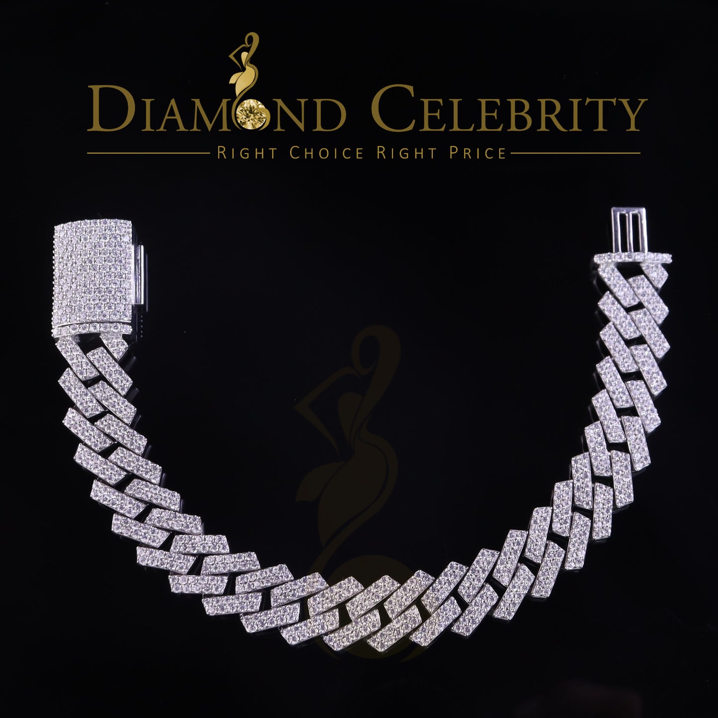 Diamondcelebritees 925 Silver 14.52ct Cubic Zirconia White Cuban Bracelete SZ 9 inch & 16mm Width