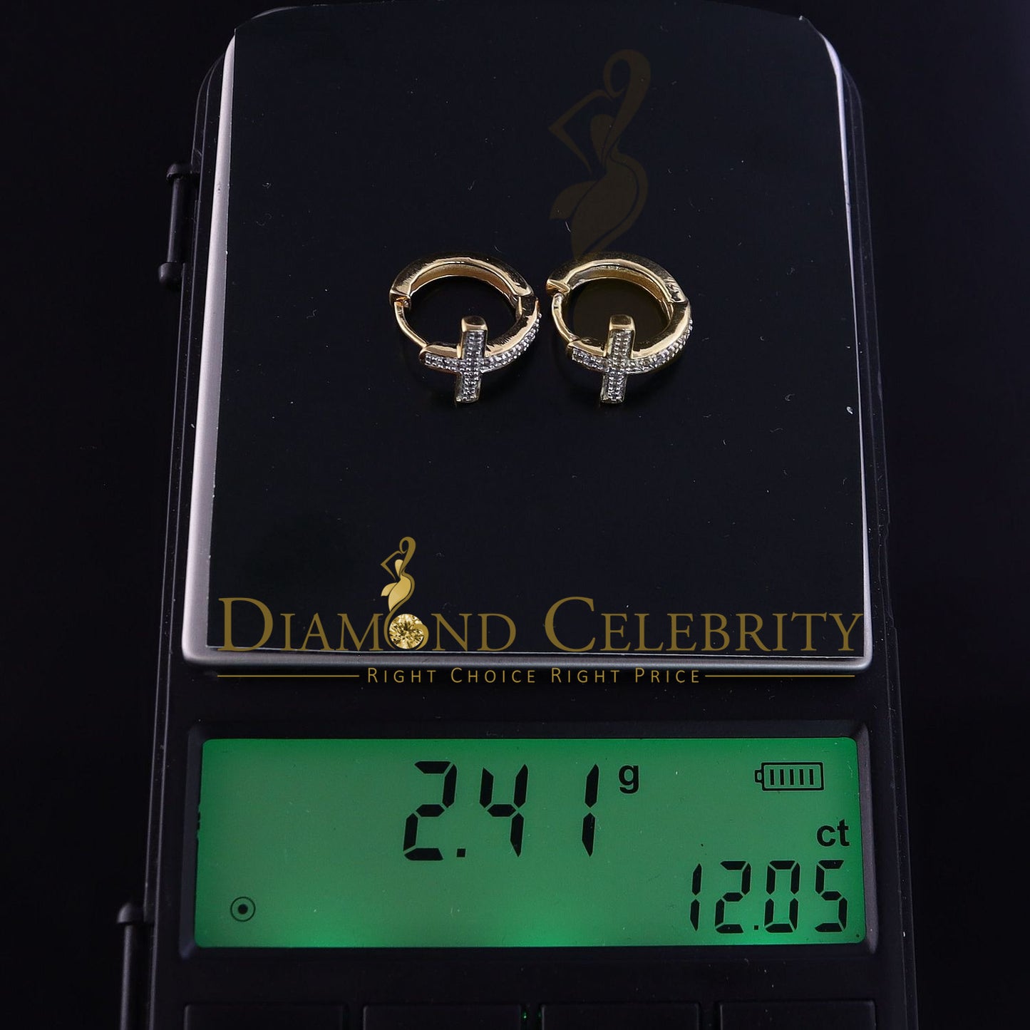 DiamondCelebritees 0.15ct Diamond 925 Sterling Silver Yellow Hoop Stud cross Earring For Men /Women