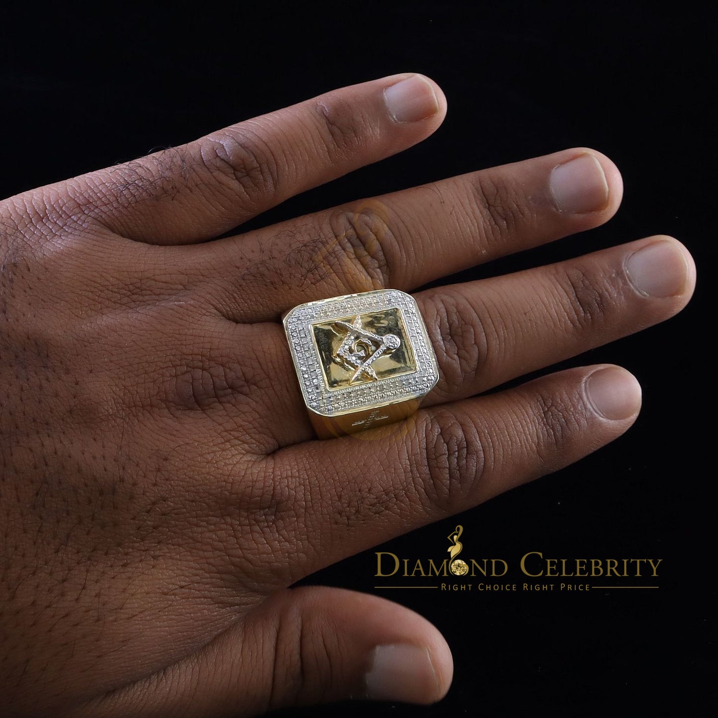 Real 0.20CT Diamond Masonic 925 Yellow Sterling Silver Mens Engagement Ring SZ10